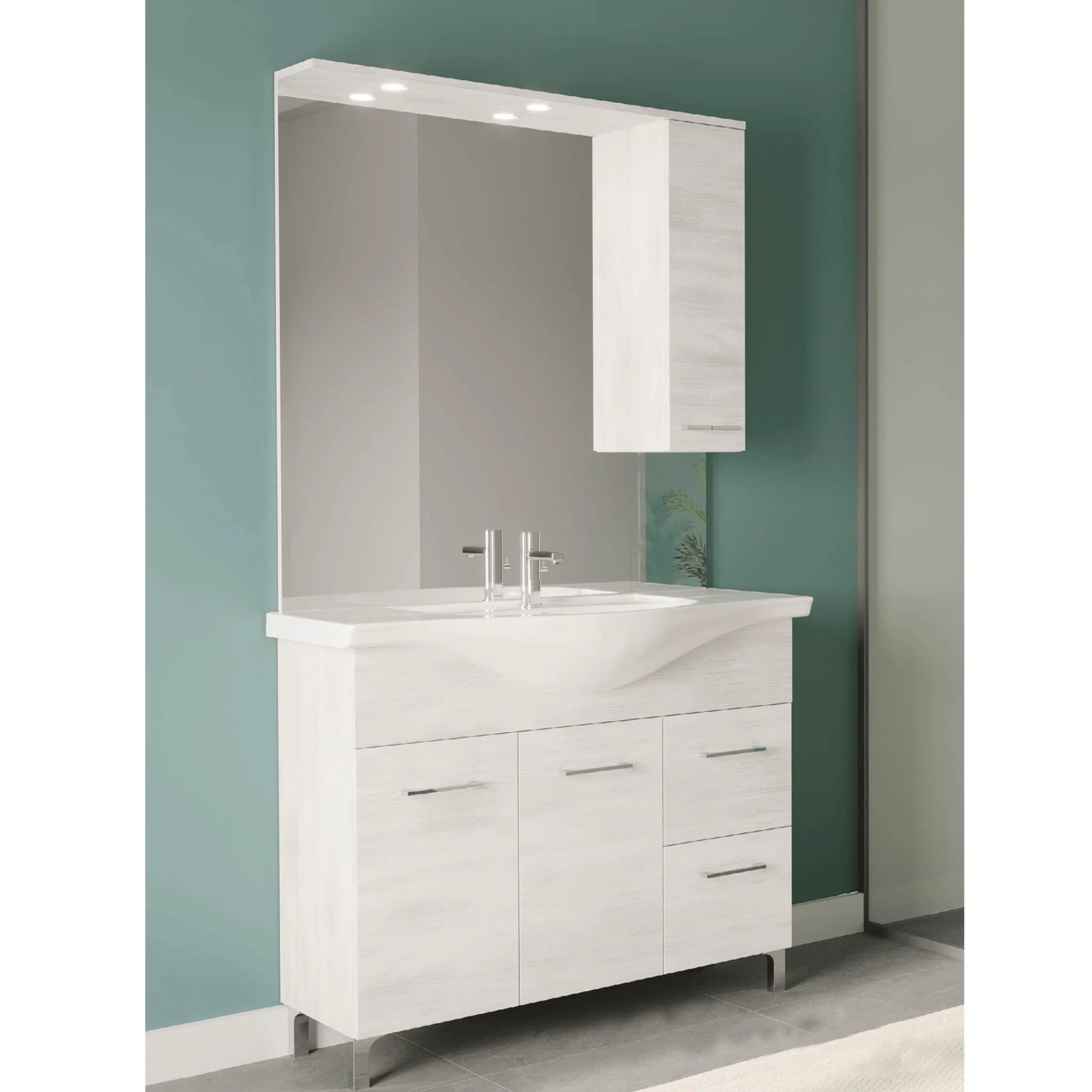 Mobile Bagno a Terra 105 Cm Due Ante Due Cassetti Specchio Con Pensile e Fari Led 99x102 Cm Savini Due "Rubino" Rovere Bianco