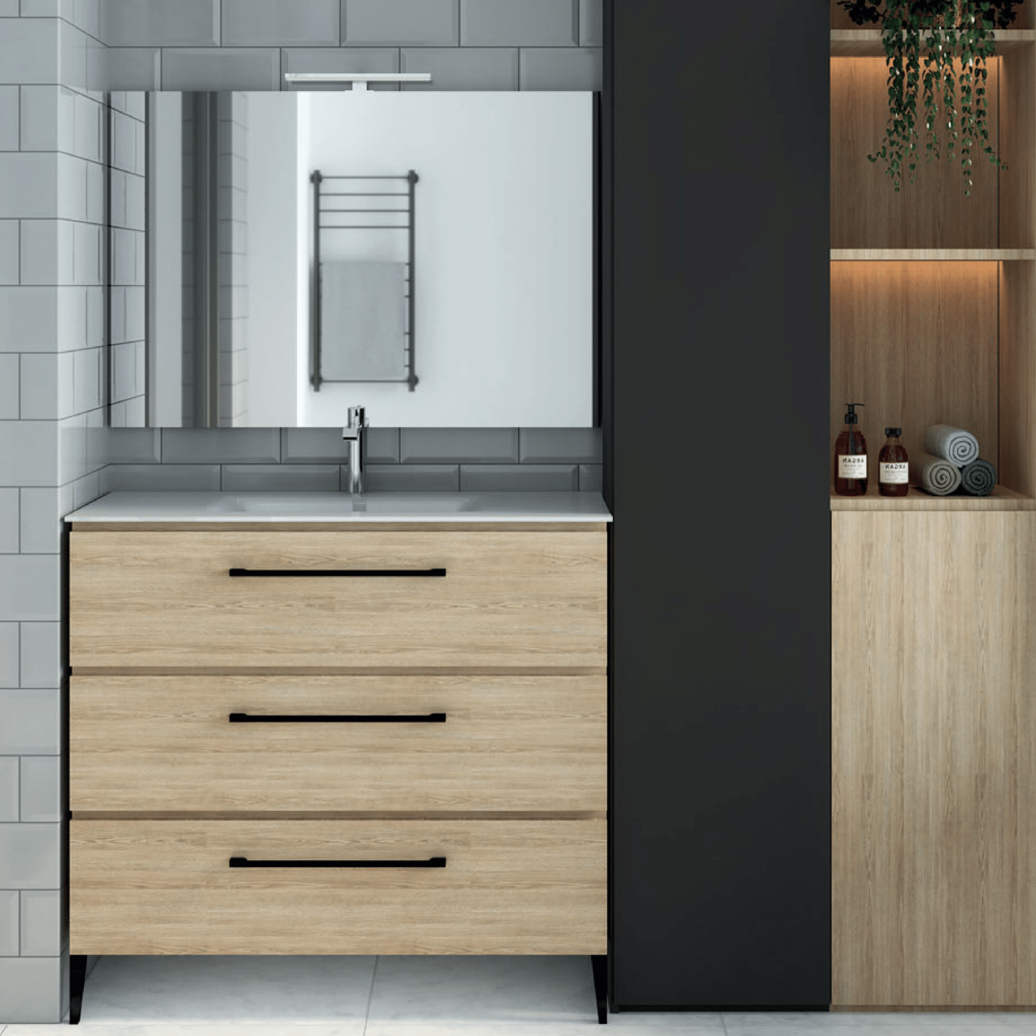 Mobile Bagno a Terra 60 Cm Tre Cassetti Specchio Con Lampada Led 60x70 Cm Esseci Arredo Bagno "Alexa 60"