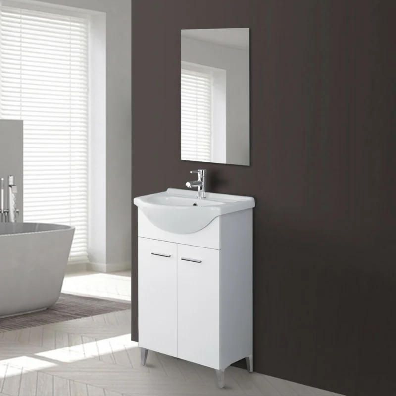 Mobile bagno a terra 55 cm bianco completo di lavabo e specchio Desya