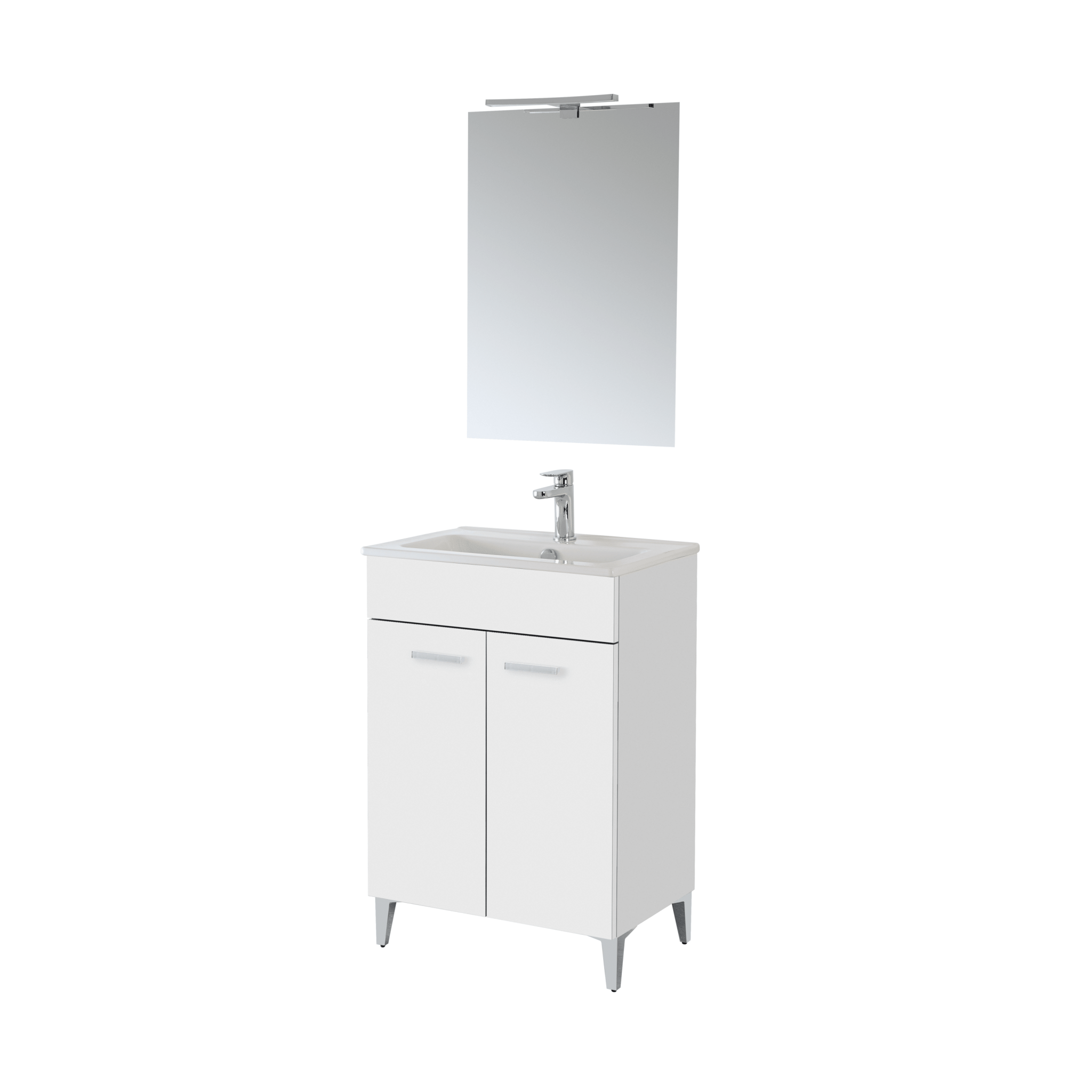 Mobile Bagno a Terra 60 Cm Due Ante Specchio Con Lampada Led 50x70 Cm Feridras "Greta" Bianco Lucido