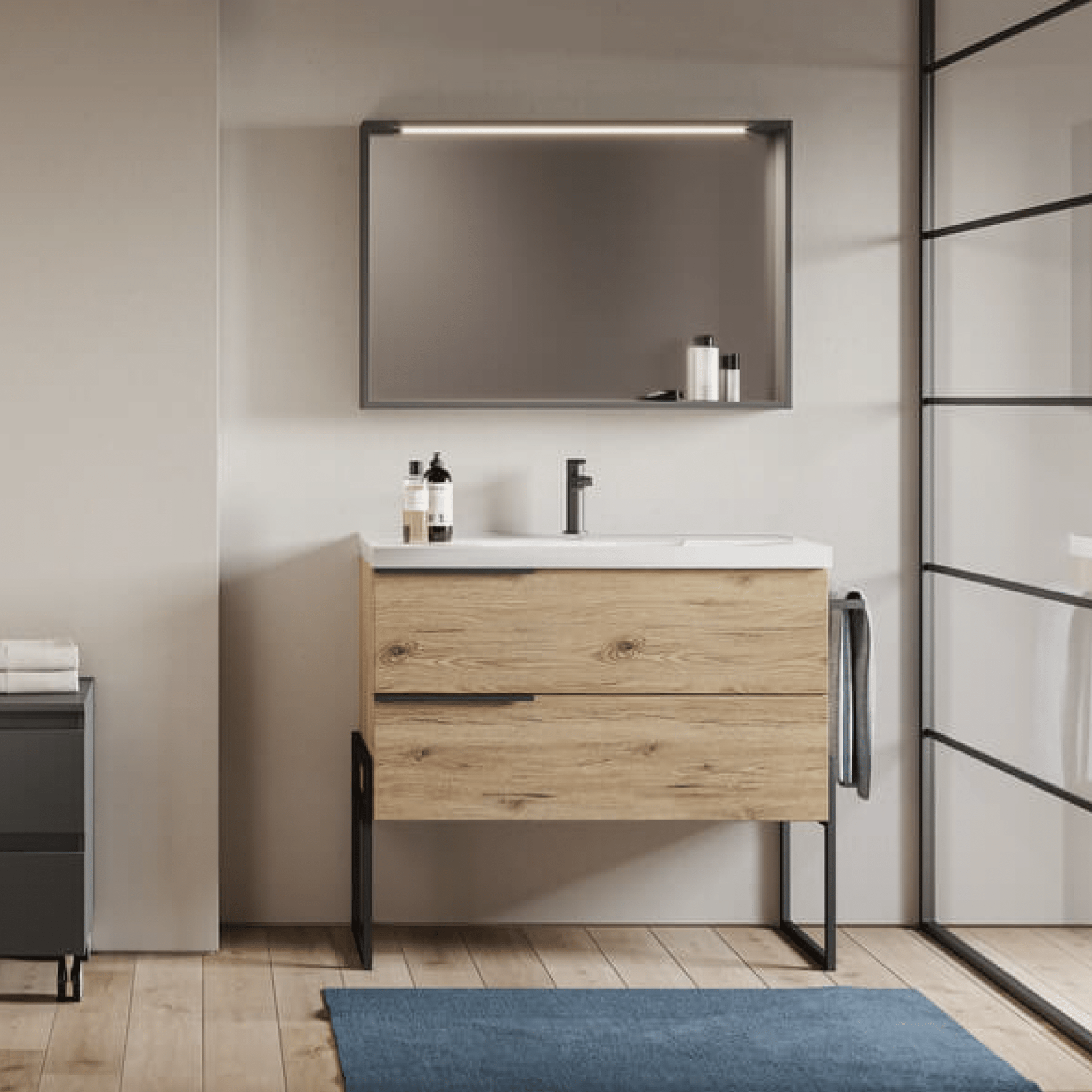 Mobile Bagno a Terra 60 Cm Due Cassetti Specchio Quadrante Con Barra Led 84x73 Cm Savini "Febe 2"