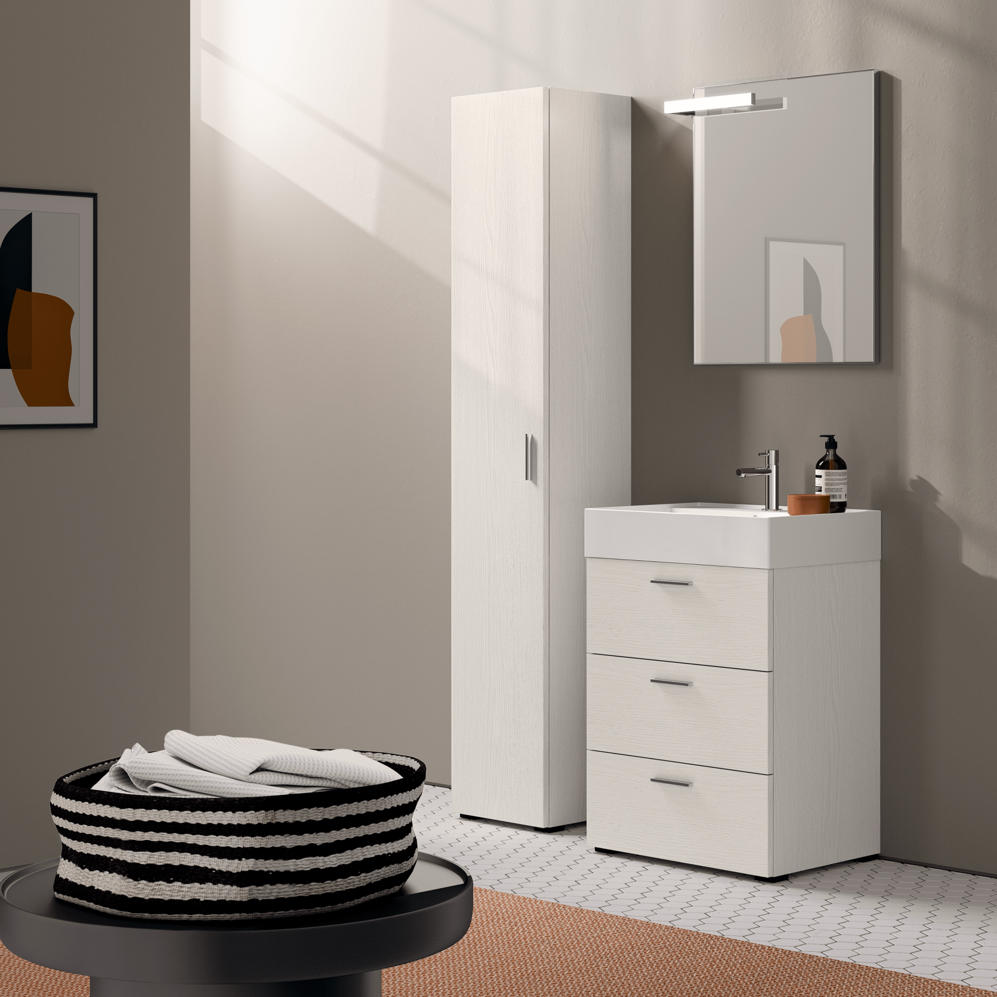 Mobile Bagno a Terra 60 Cm Tre Cassetti Specchio Con Lampada Led 60x75 Cm Artesi "KA07" Olmo Sanow