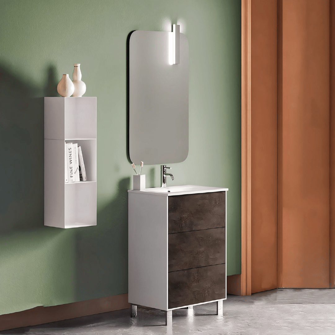 Mobile Bagno a Terra 70 Cm Tre Cassetti Specchio Con Lampada Led 90x60 Cm Italbagno "Step"
