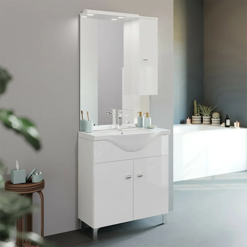 Mobile bagno a terra 75 cm Creta bianco lucido con lavabo e specchio con pensile