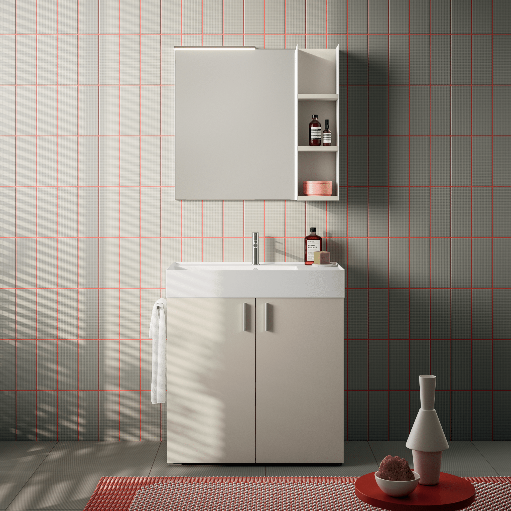 Mobile Bagno a Terra 80 Cm Due Ante Specchio Con Pensile e Lampada Led 60x75 Cm Artesi "KA03" Biscotto