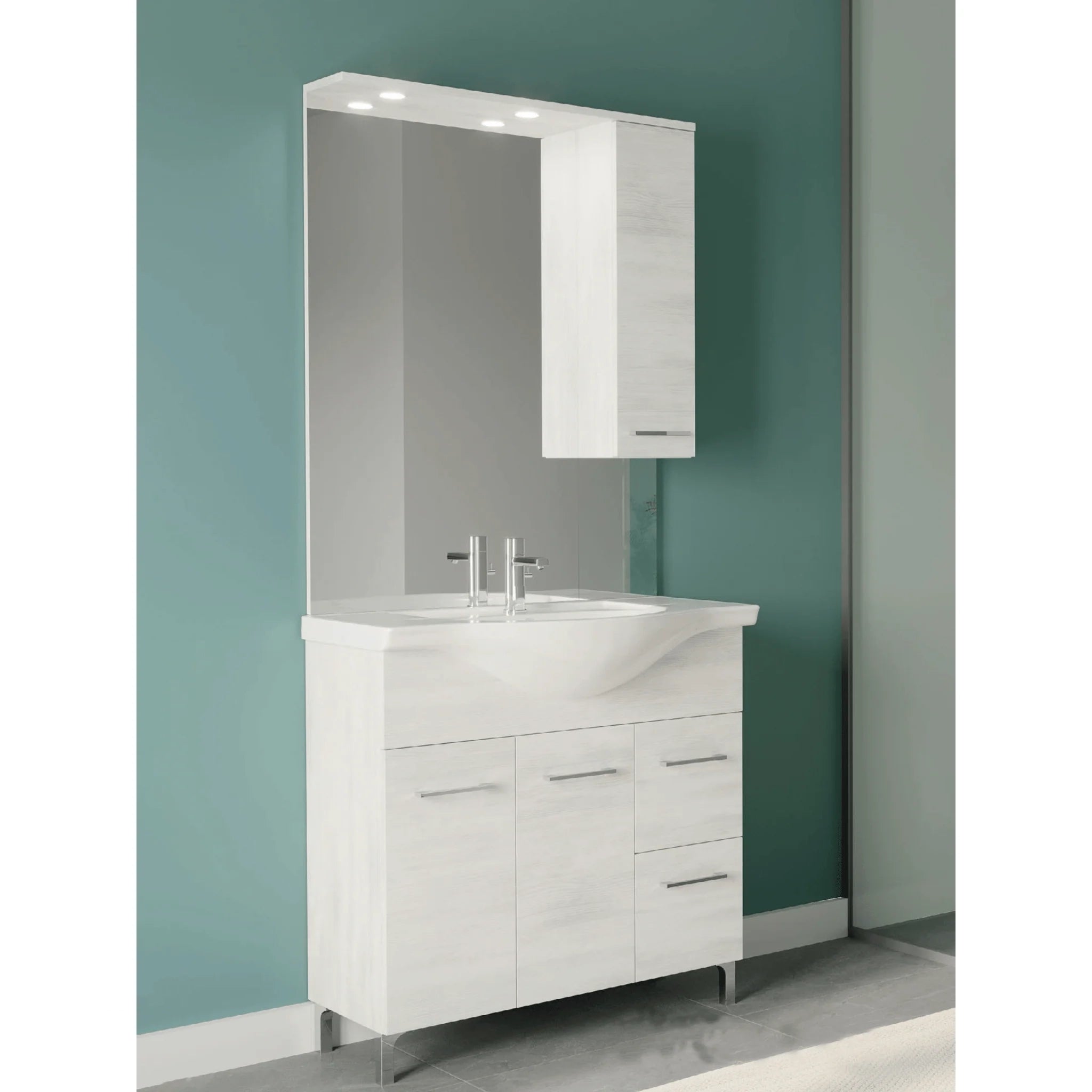 Mobile Bagno a Terra 85 Cm Due Ante Due Cassetti Specchio Con Pensile e Fari Led 81x102 Cm Savini Due "Rubino" Rovere Bianco