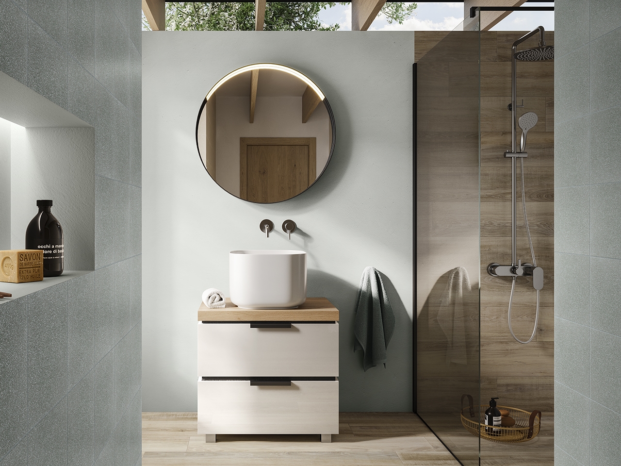 Mobile Bagno a Terra TOUCH 70 cm 2 Cassetti Bianco Lucido e Top Rovere Nodi-9011428