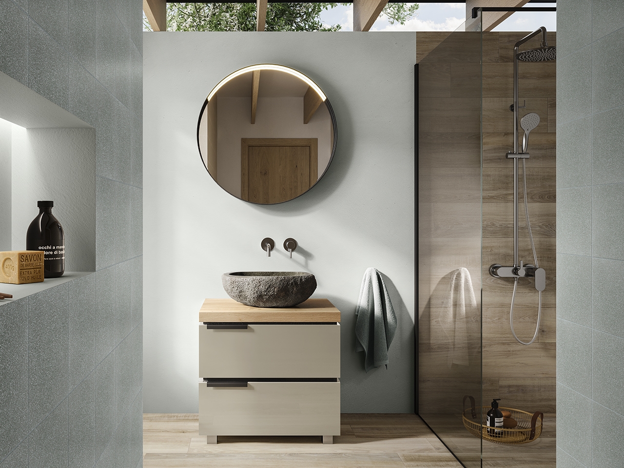 Mobile Bagno a Terra TOUCH 70 cm 2 Cassetti Tortora Lucido e Top Rovere Nodi-9011429