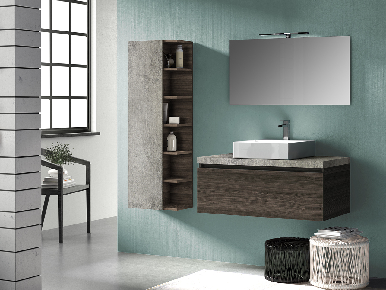 Mobile Bagno Qubo 100 Cm 1 Cassetto Olmo Lava con Toppino Grigio Ossido-9010311