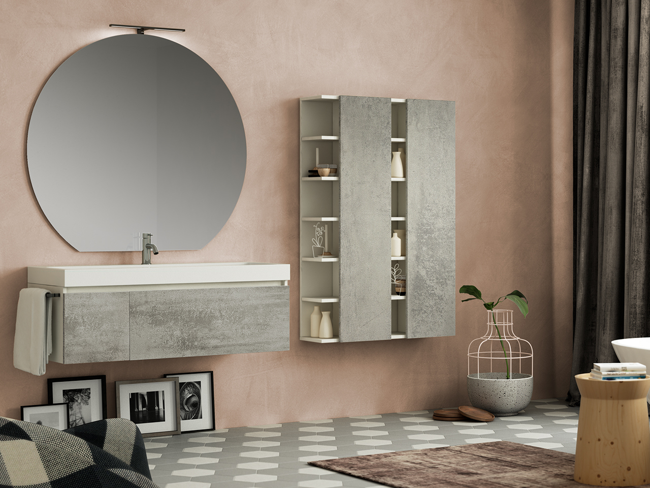 Mobile Bagno Qubo 120 cm Bianco Matrix/Grigio Ossido con Lavabo Unitop Quadro in Resina Vasca Centrale-9011529