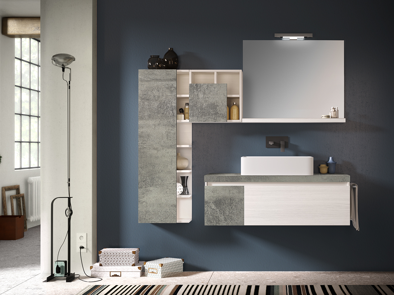 Mobile Bagno Qubo 120 cm Bianco Matrix/Grigio Ossido con Toppino-9009181