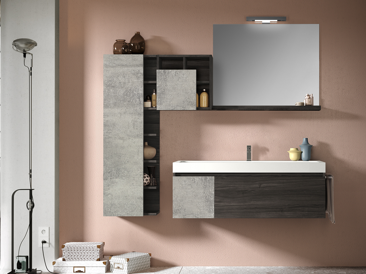 Mobile Bagno Qubo 120 cm Olmo Lava/Grigio Ossido con Lavabo Unitop Quadro in Resina Vasca Centrale-9011574