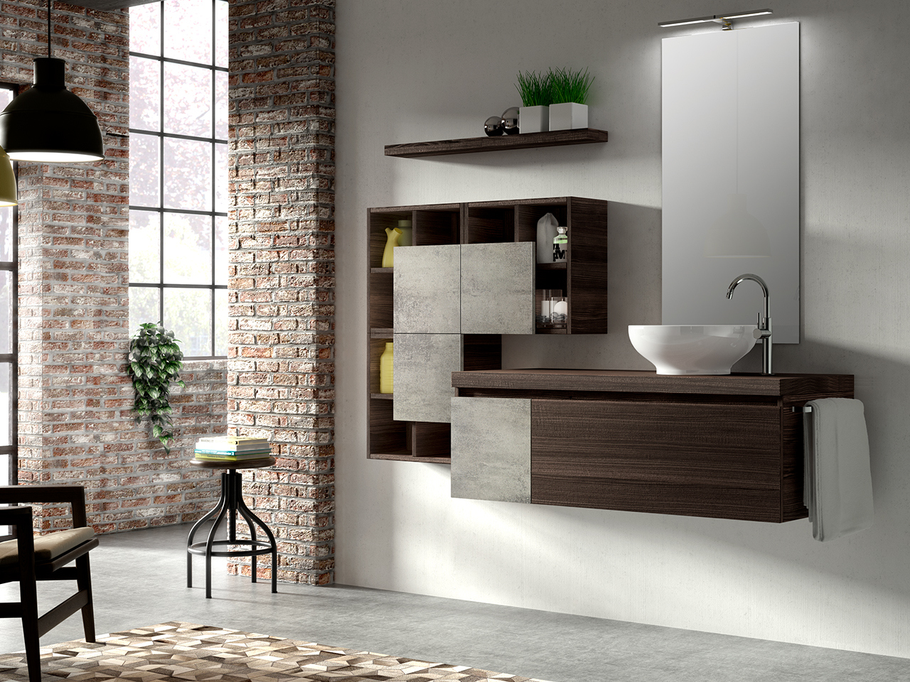 Mobile Bagno Qubo 120 cm Olmo Lava/Grigio Ossido con Top-9009343