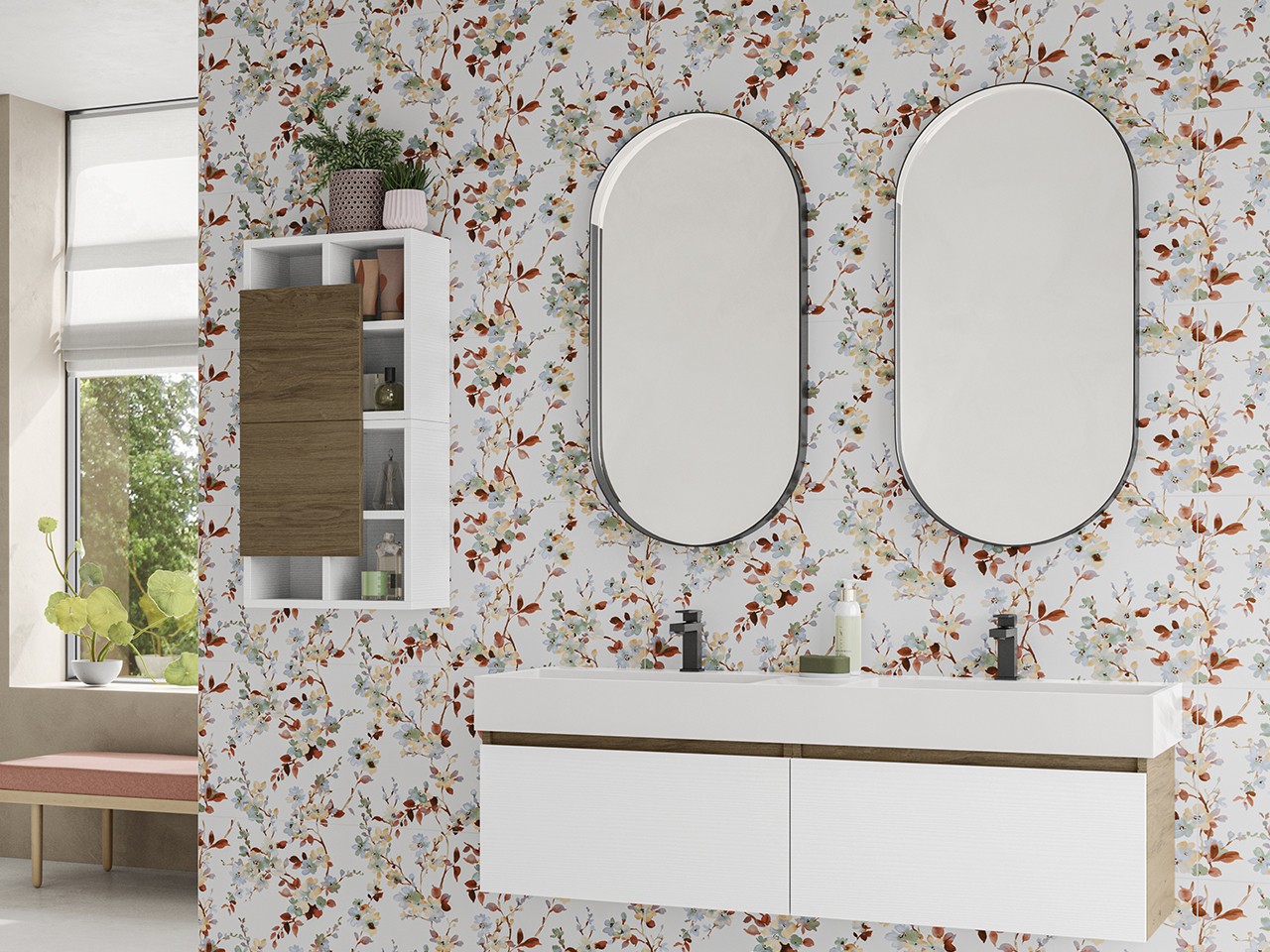 Mobile Bagno Qubo 140 cm Sherwood/Bianco Matrix con Lavabo in Resina Doppia Vasca Bianco Opaco-9015678