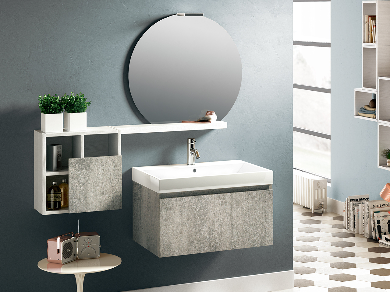 Mobile Bagno Qubo 70 cm 1 Cassetto Grigio Ossido con Lavabo Unitop Quadro in Resina Bianco Lucido-9011585