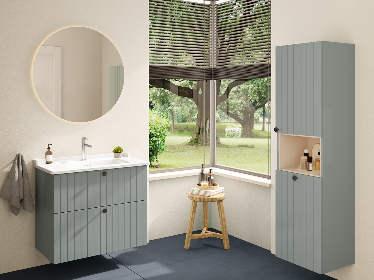 Mobile Bagno ROOT GROOVE 80 cm 2 Cassetti Doghe Verticali Verde Fjord Opaco e Lavabo Unitop in Ceramica-9023300