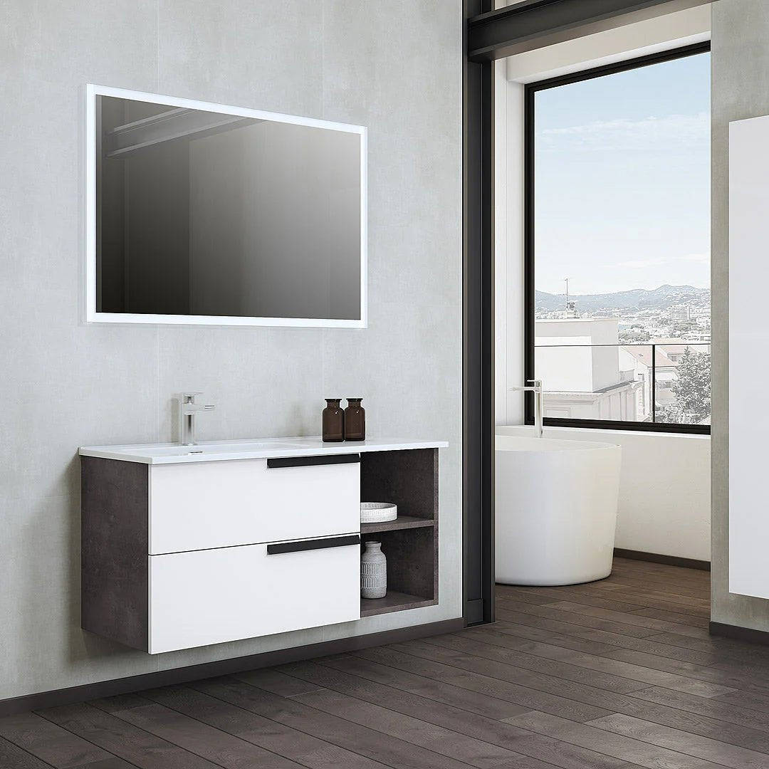 Mobile Bagno Sospeso 100 Cm Due Cassetti Con Vano a Giorno Specchio Retroilluminato 100x70 Cm Savini "Delia 3"