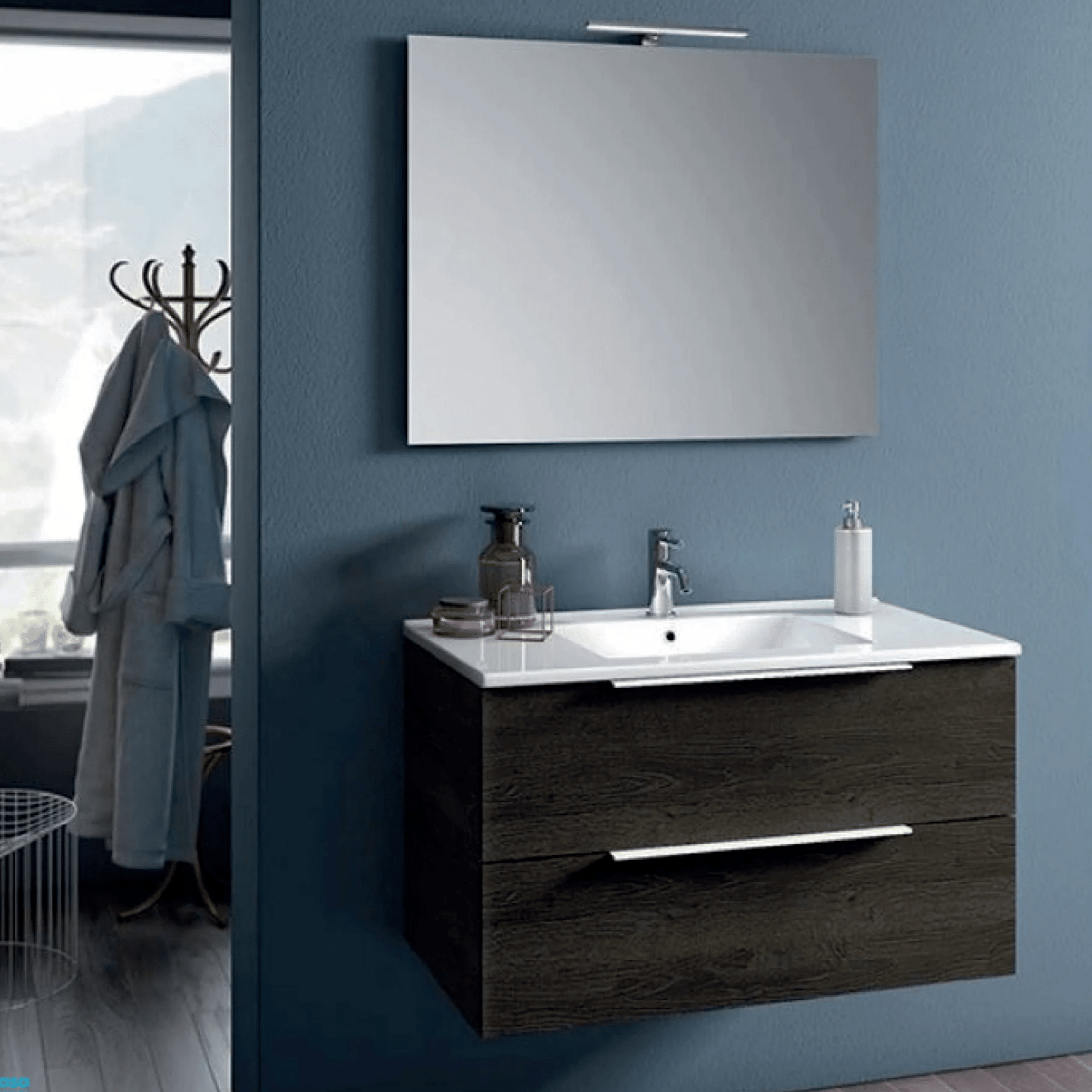 Mobile Bagno Sospeso 100 Cm Due Cassetti Specchio Con Lampada Led 80x60 Cm ItalBagno "Chiara"