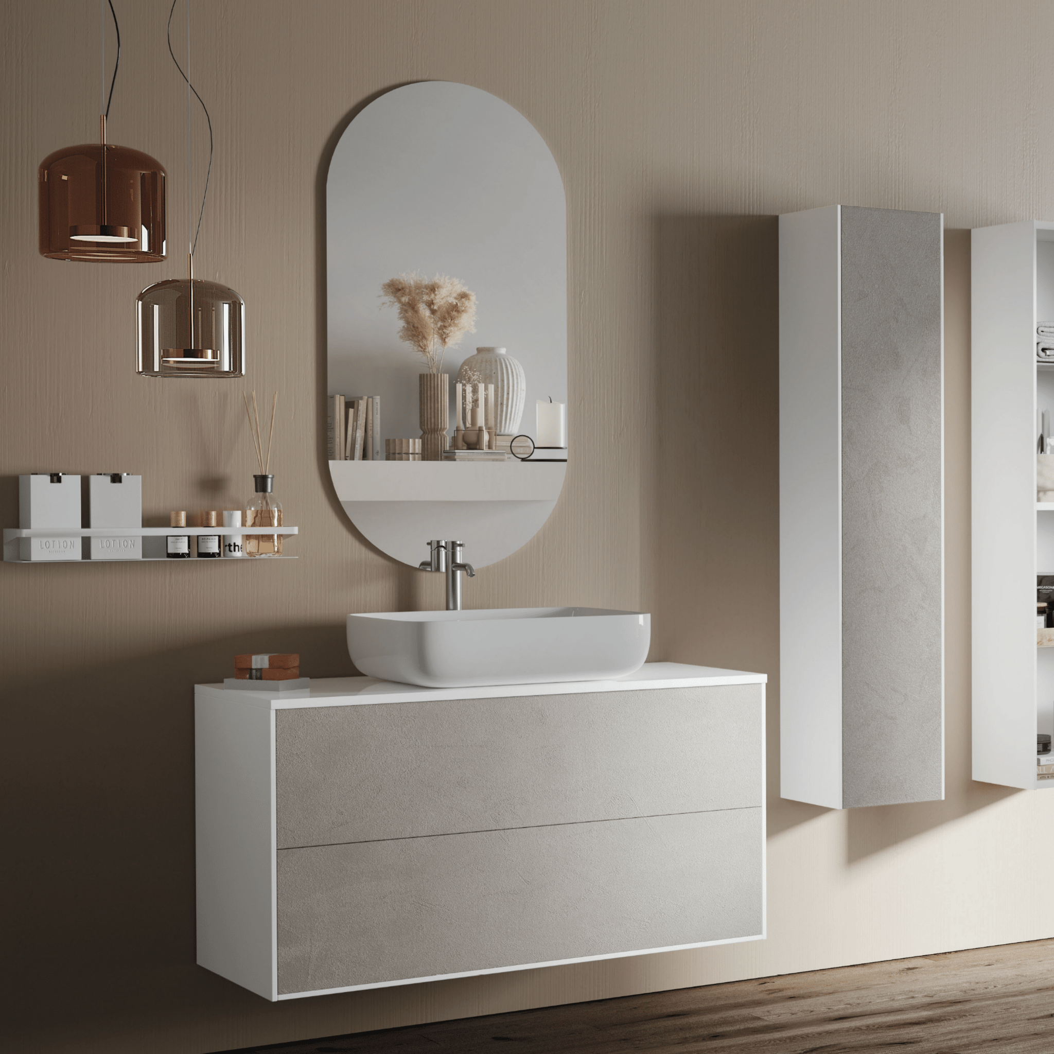 Mobile Bagno Sospeso 100 Cm Due Cassetti Specchio Sagomato 50x100 Cm Italbagno "Step"