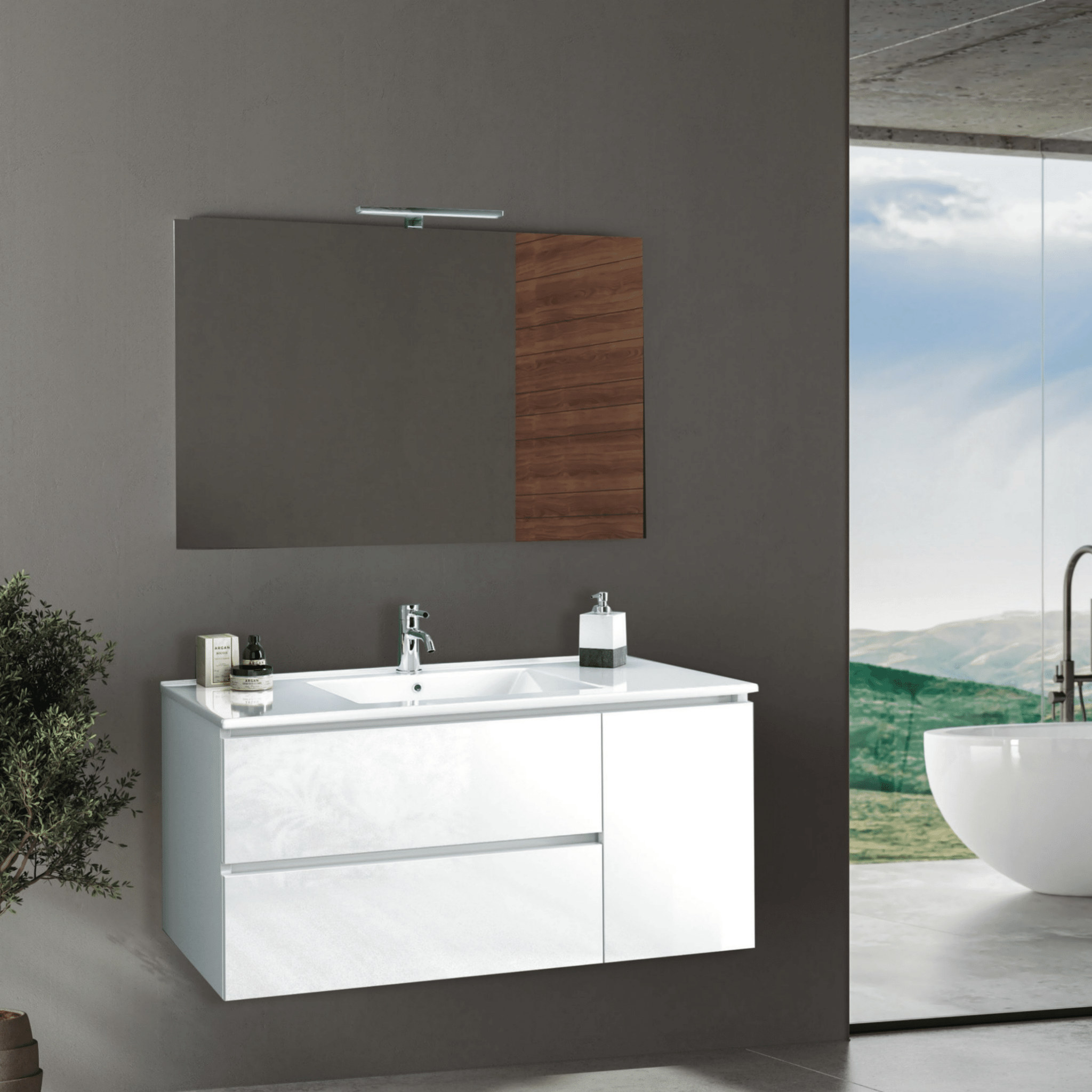 Mobile Bagno Sospeso 100 Cm Due Cassetti Un'Anta Specchio Con Lampada Led 100x70 Cm ItalBagno "Giovy"