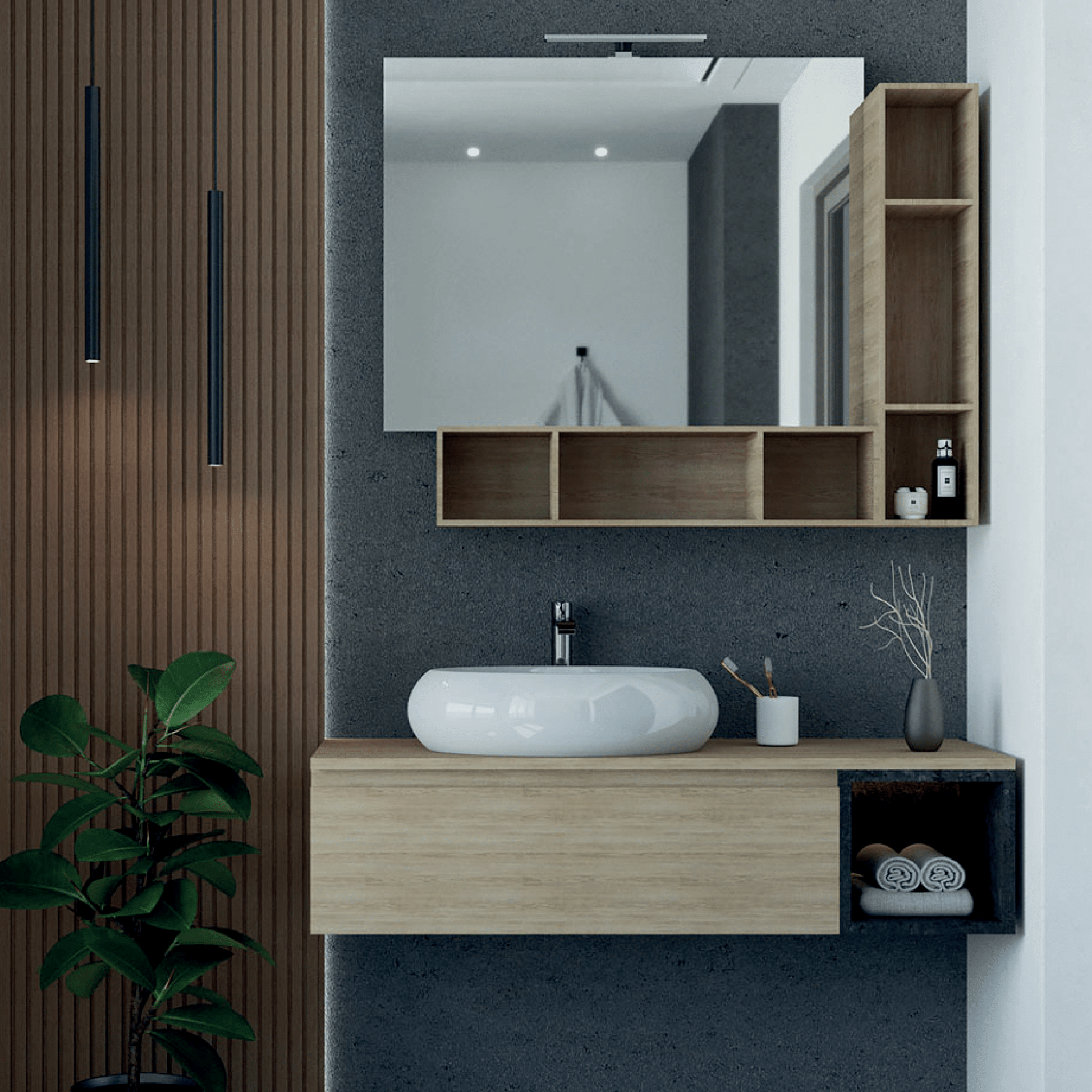 Mobile Bagno Sospeso 100 Cm Un Cassetto Specchio Filo Lucido Con Lampada Led 90x70 Cm Esseci Arredo Bagno "Ravello"