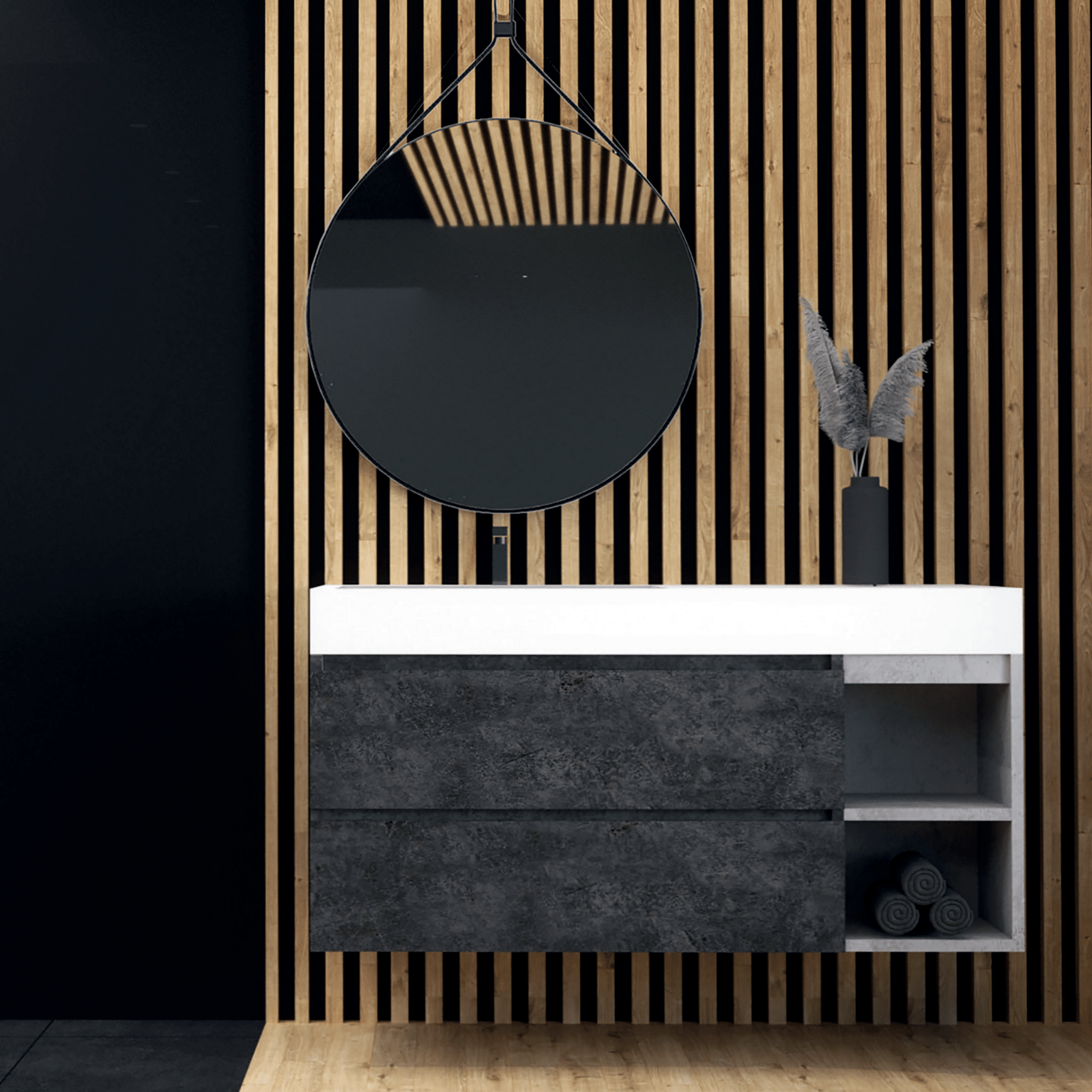 Mobile Bagno Sospeso 120 Cm Due Cassetti Con Vano a Giorno Specchio Tondo Con Cornice Diametro 70 Cm Esseci Arredo Bagno "Elite"