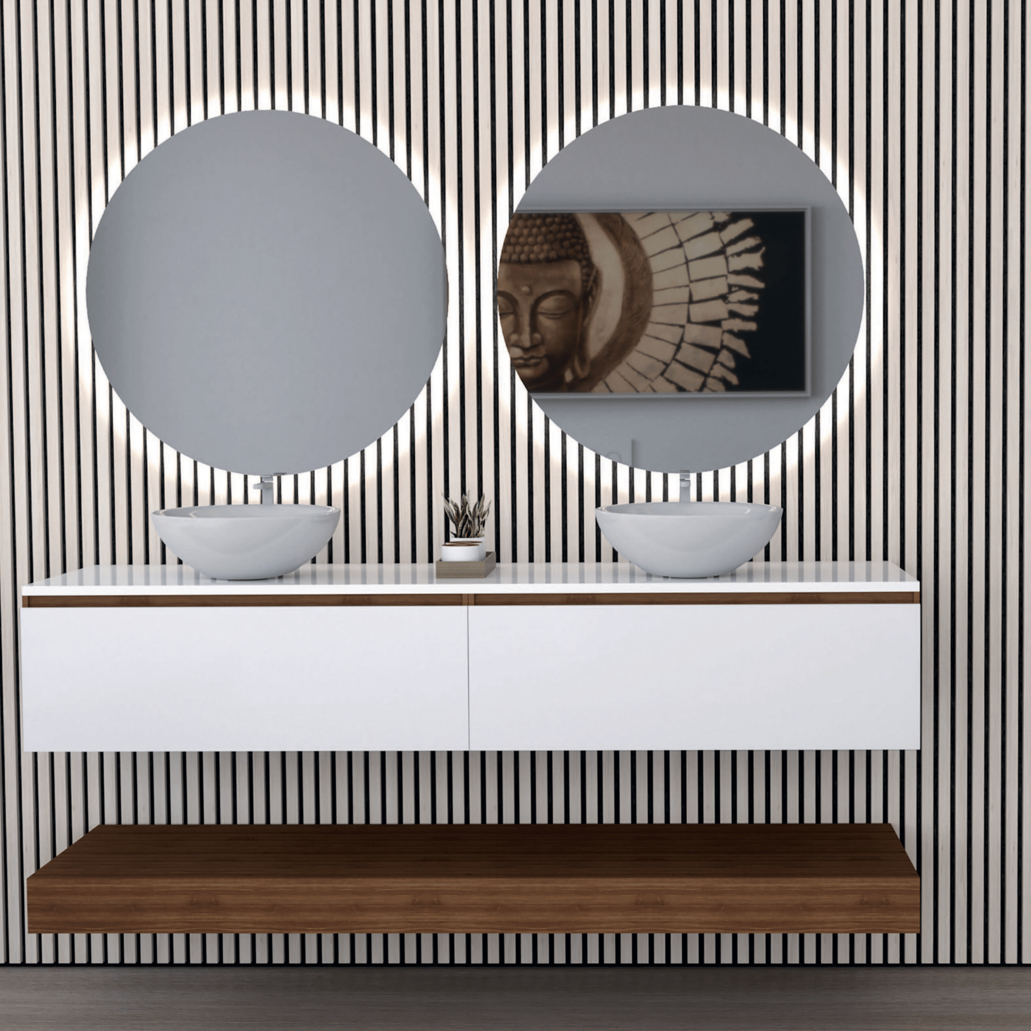 Mobile Bagno Sospeso 140 Cm Due Cassetti Specchi Retroilluminati Diametro 70 Cm Esseci Arredo Bagno "Vietri 2"