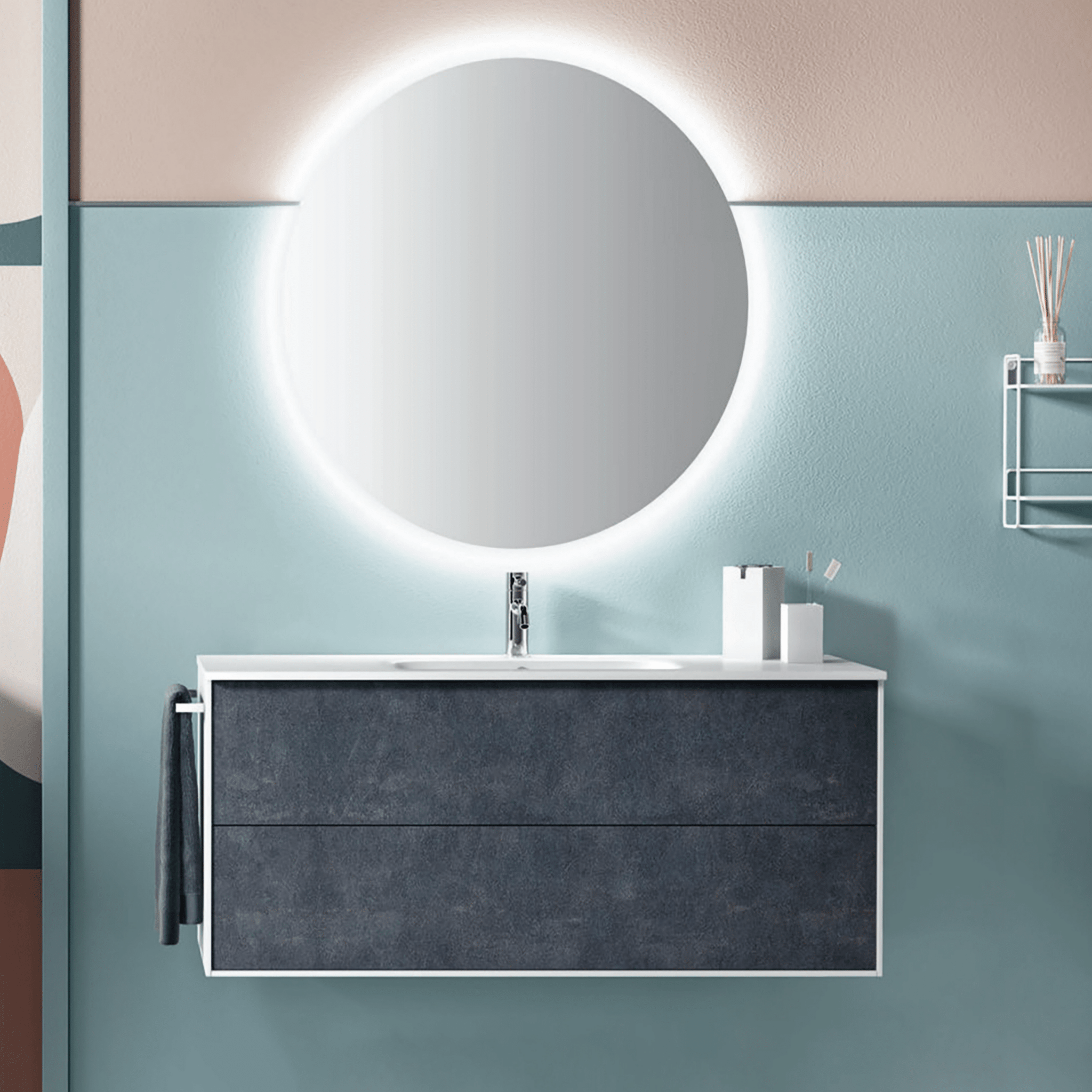 Mobile Bagno Sospeso 120 Cm Due Cassetti Specchio Retroilluminato Diametro 90 Cm Italbagno "Step"