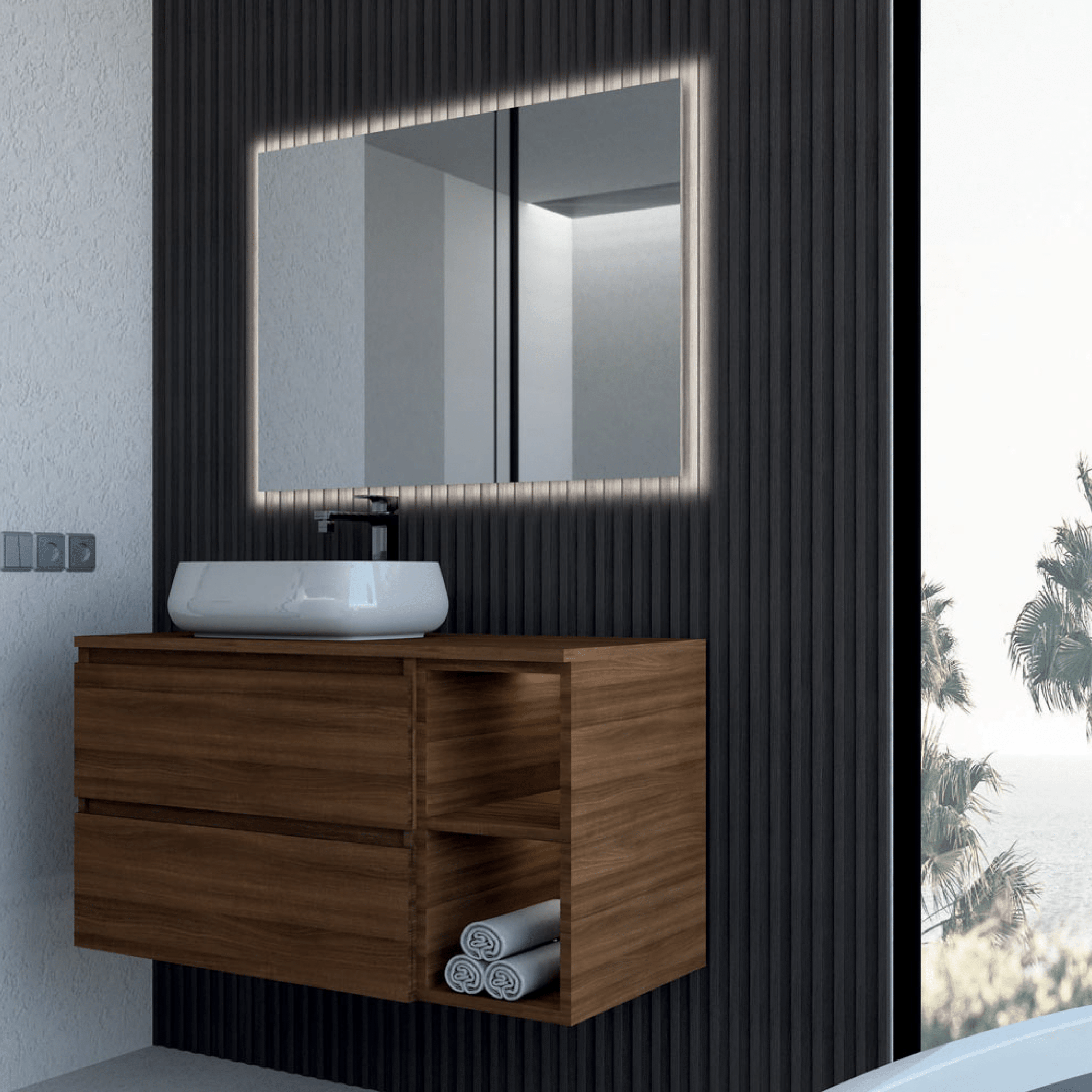 Mobile Bagno Sospeso 100 Cm Due Cassetti Vano a Giorno Specchio Filo Lucido Retroilluminato 90x70 Cm Esseci Arredo Bagno "Minerva Piano"