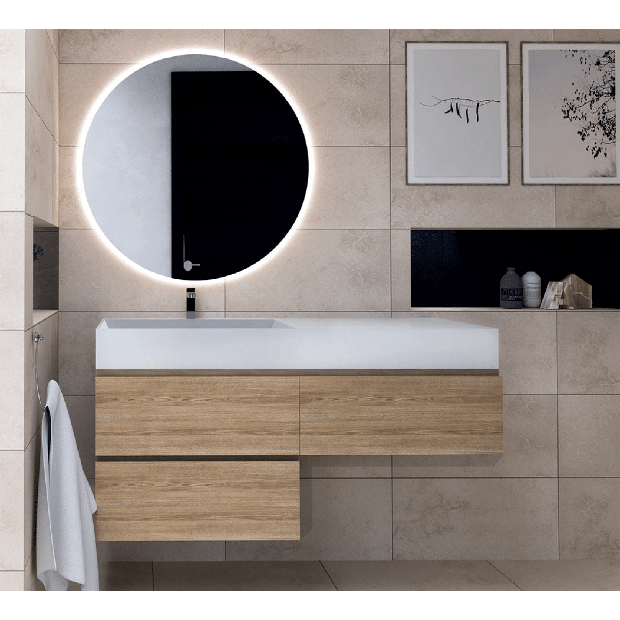 Mobile Bagno Sospeso 120 Cm Tre Cassetti Specchio Retroilluminato Diametro 70 Cm Esseci Arredo Bagno "Carlotta"
