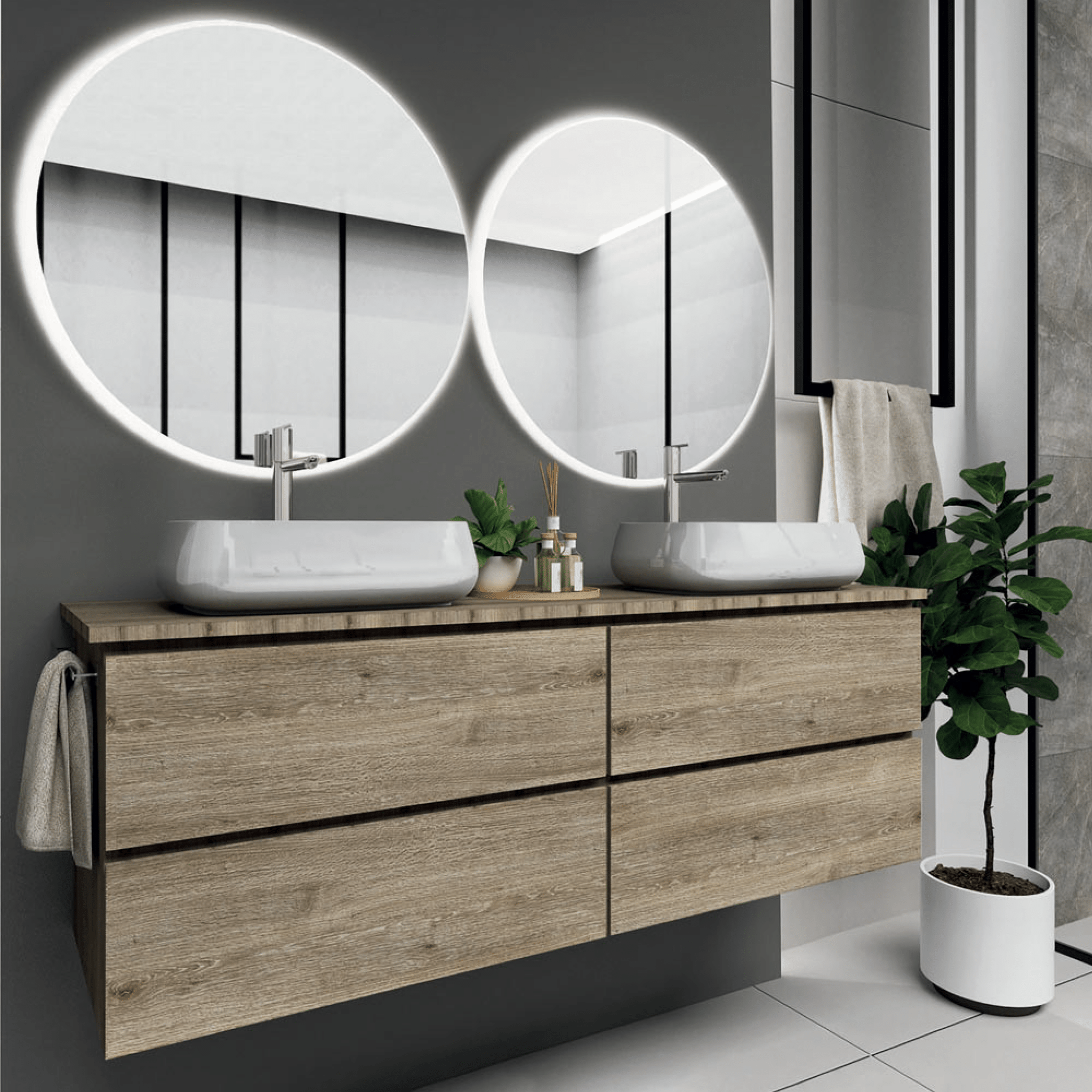 Mobile Bagno Sospeso 160 Cm Quattro Cassetti Specchi Retroilluminati Diametro 70 Cm Esseci Arredo Bagno "Vulcano"