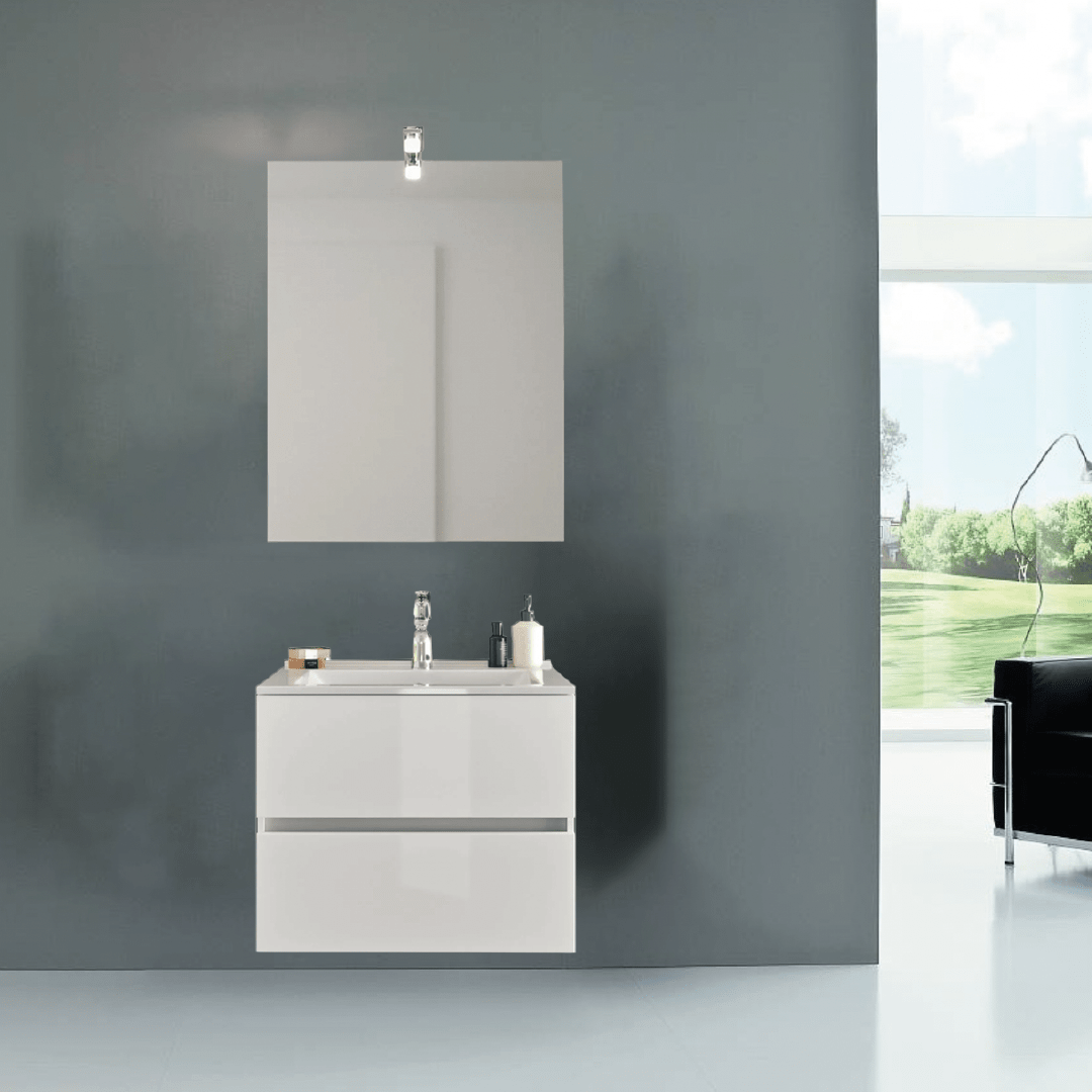Mobile Bagno Sospeso 60 Cm Due Cassetti e Specchio Con Lampada Led 60x80 Savini Due "Easy" Bianco Lucido