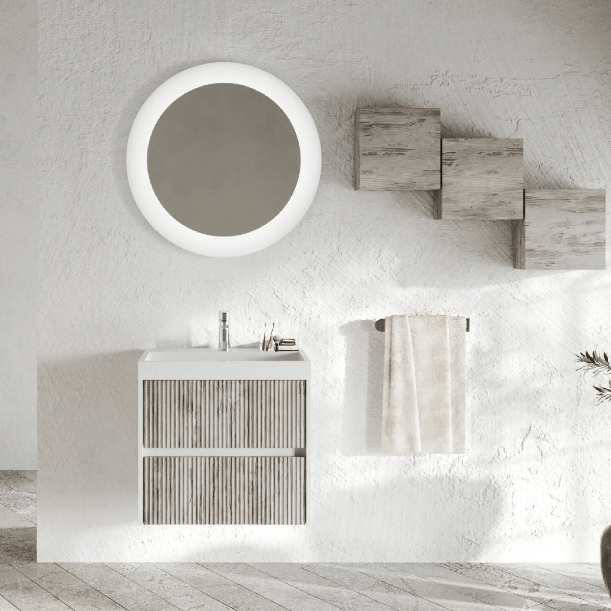 Mobile Bagno Sospeso 60 Cm Due Cassetti Specchio Con Illuminazione Led Diametro 75 Cm Savini Due "Portofino" Grigio Antico