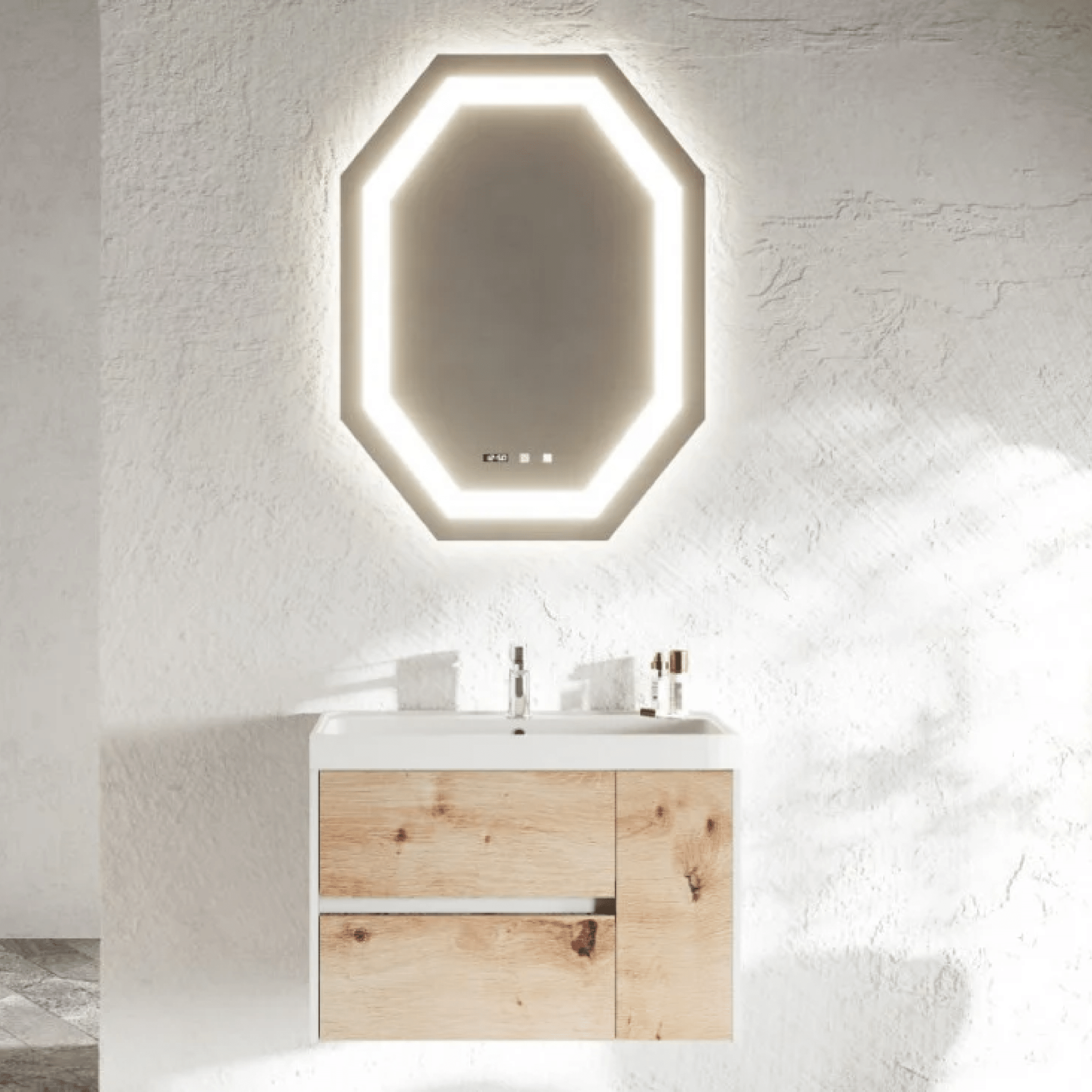 Mobile Bagno Sospeso 60 Cm Due Cassetti Specchio Con Illuminazione Led 75x100 Cm Savini Due "Portofino" Rovere Oro