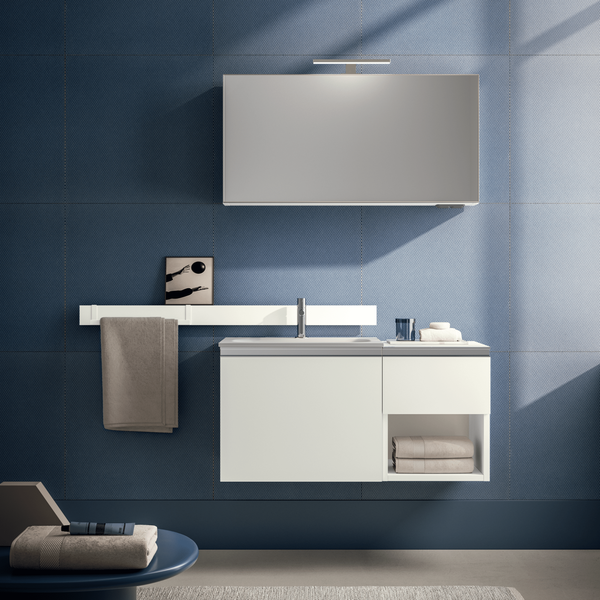 Mobile Bagno Sospeso 60 Cm Un Cassetto Un Anta Con Vano a Giorno Specchio Contenitore Con Lampada Led 100x50 Cm Artesi "#09" Fiocco/Cromo