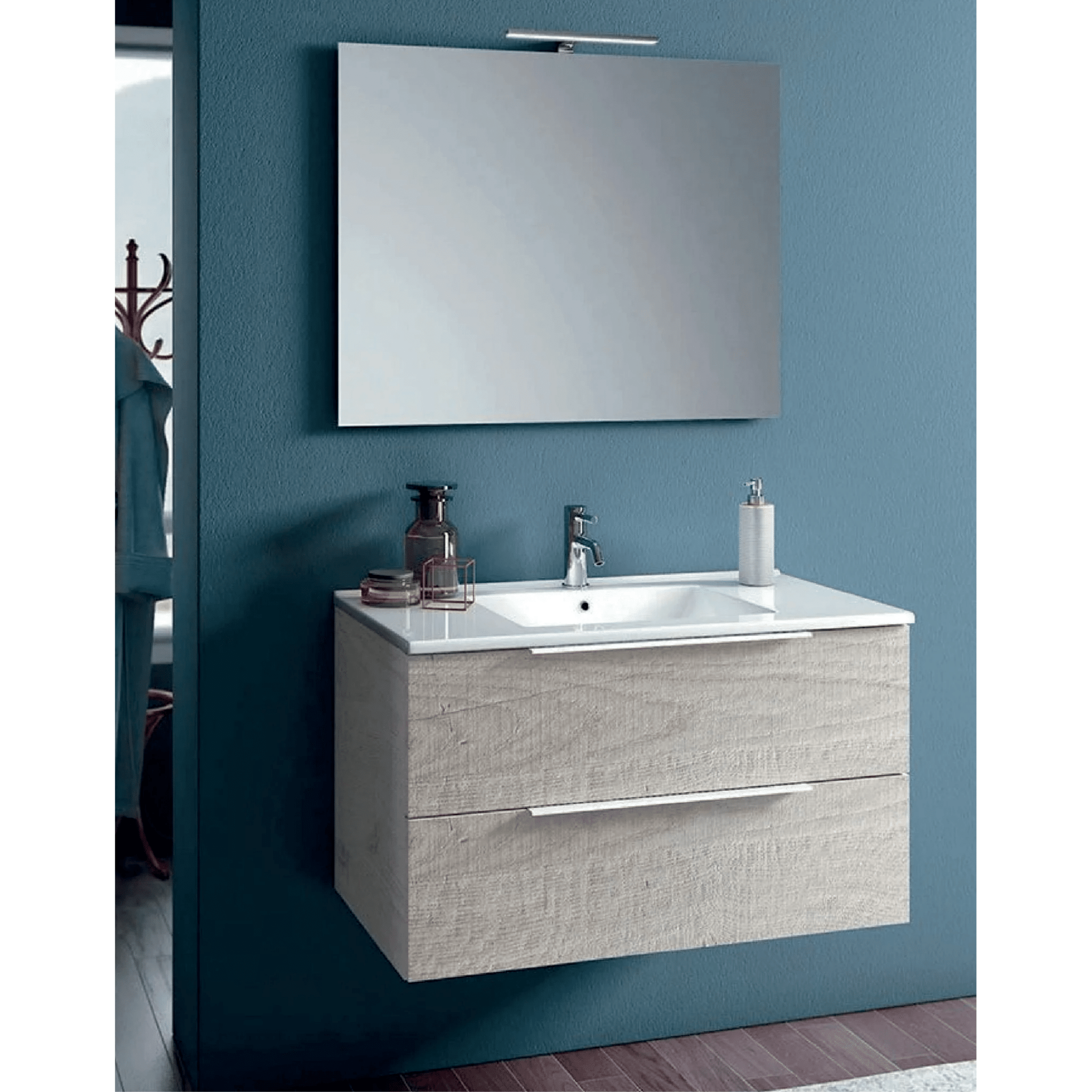 Mobile Bagno Sospeso 80 Cm Due Cassetti Specchio Con Lampada Led 80x60 Cm Italbagno "Chiara"