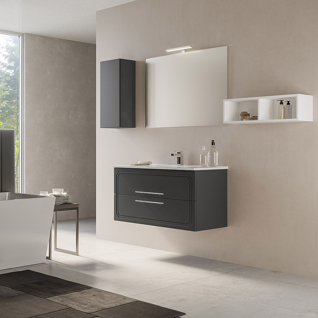 Mobile Bagno Sospeso 60 Cm Due Cassetti Specchio Con Lampada Led 62x70 Cm Savini "Maya 2"