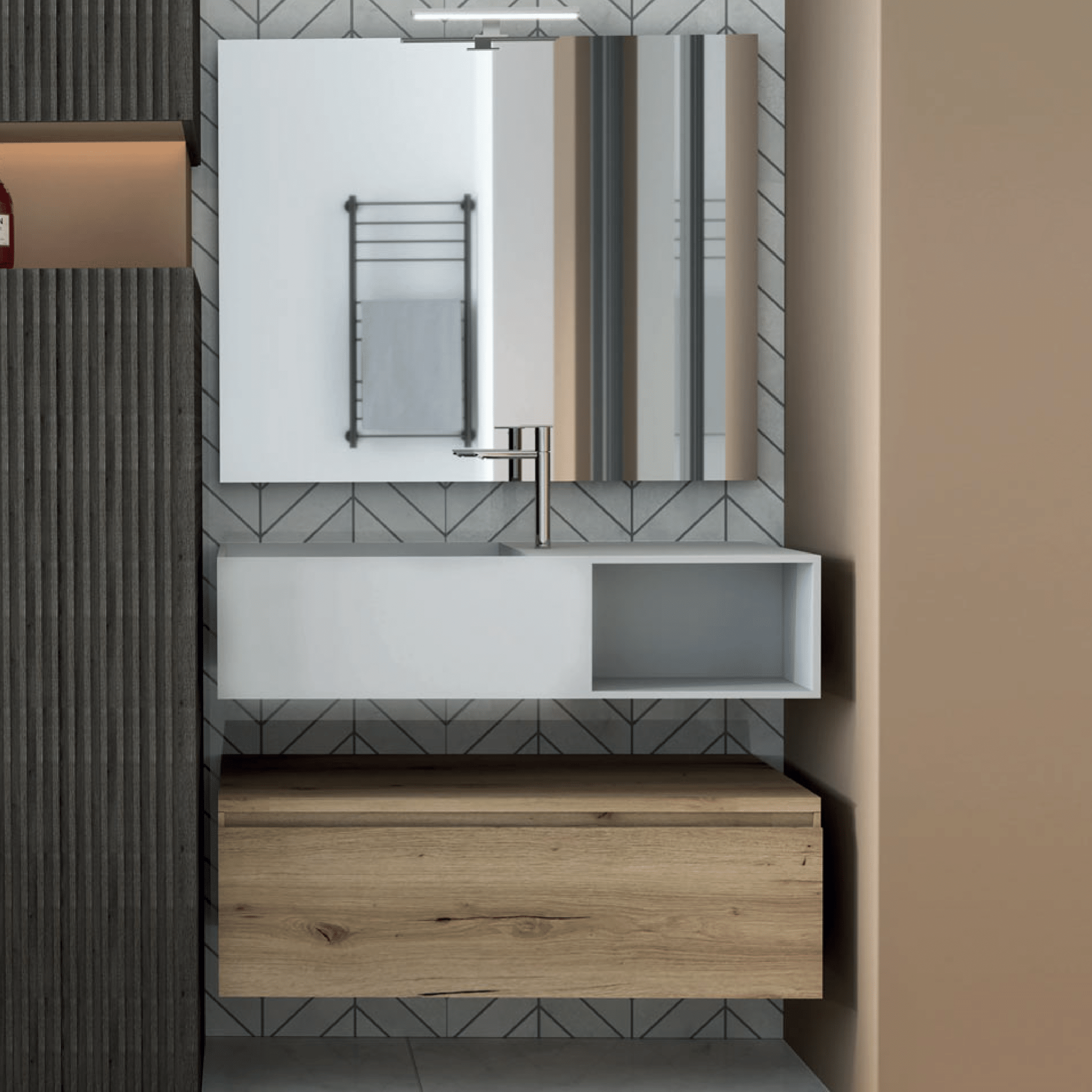 Mobile Bagno Sospeso 80 Cm Un Cassetto Specchio Filo Lucido Con Lampada Led 80x60 Cm Esseci Arredo Bagno "Surface"