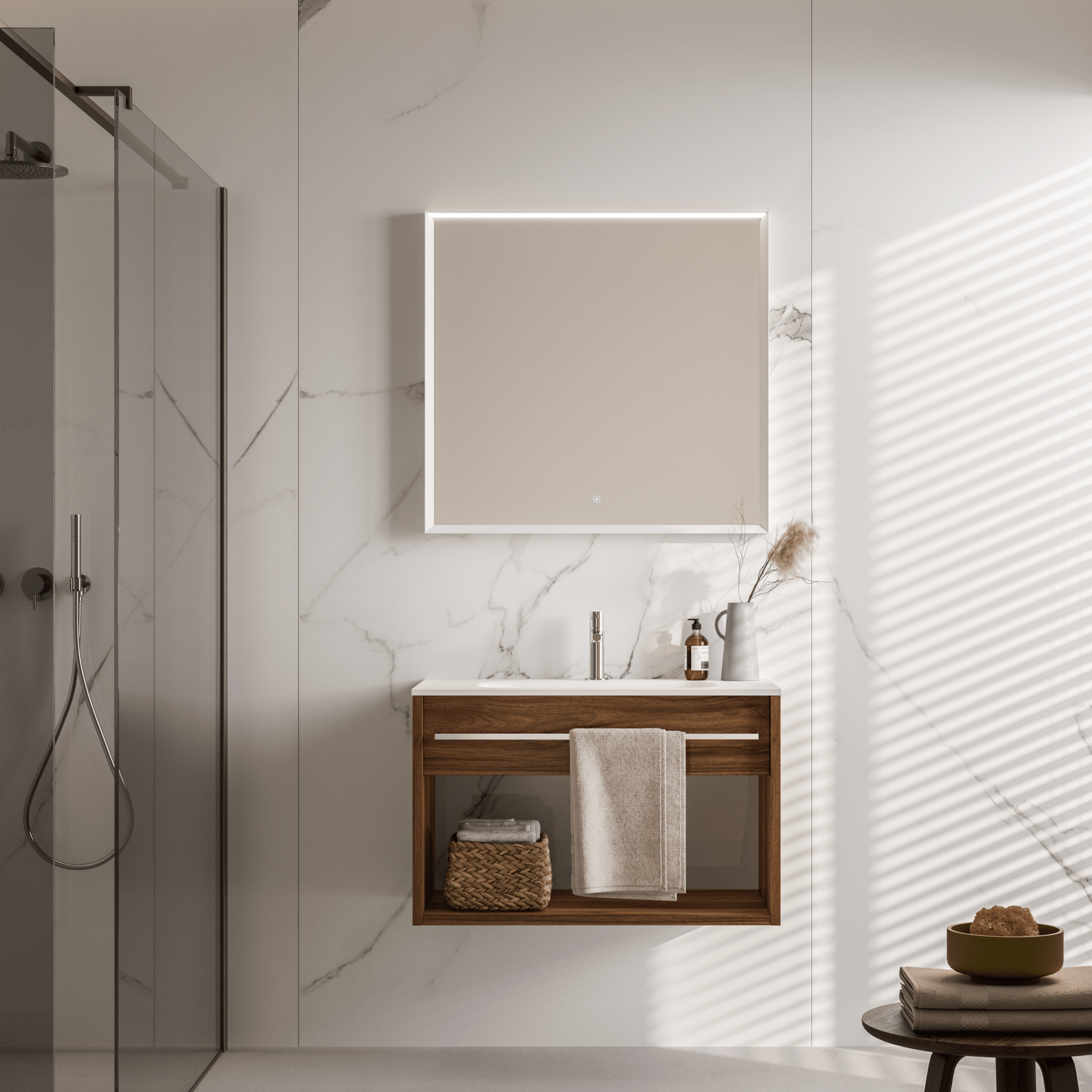 Mobile Bagno Sospeso 80 Cm Un Cassetto Con Vano a Giorno Specchio Retroilluminato 80x75 Cm Artesi "KA13" Noce Bohème