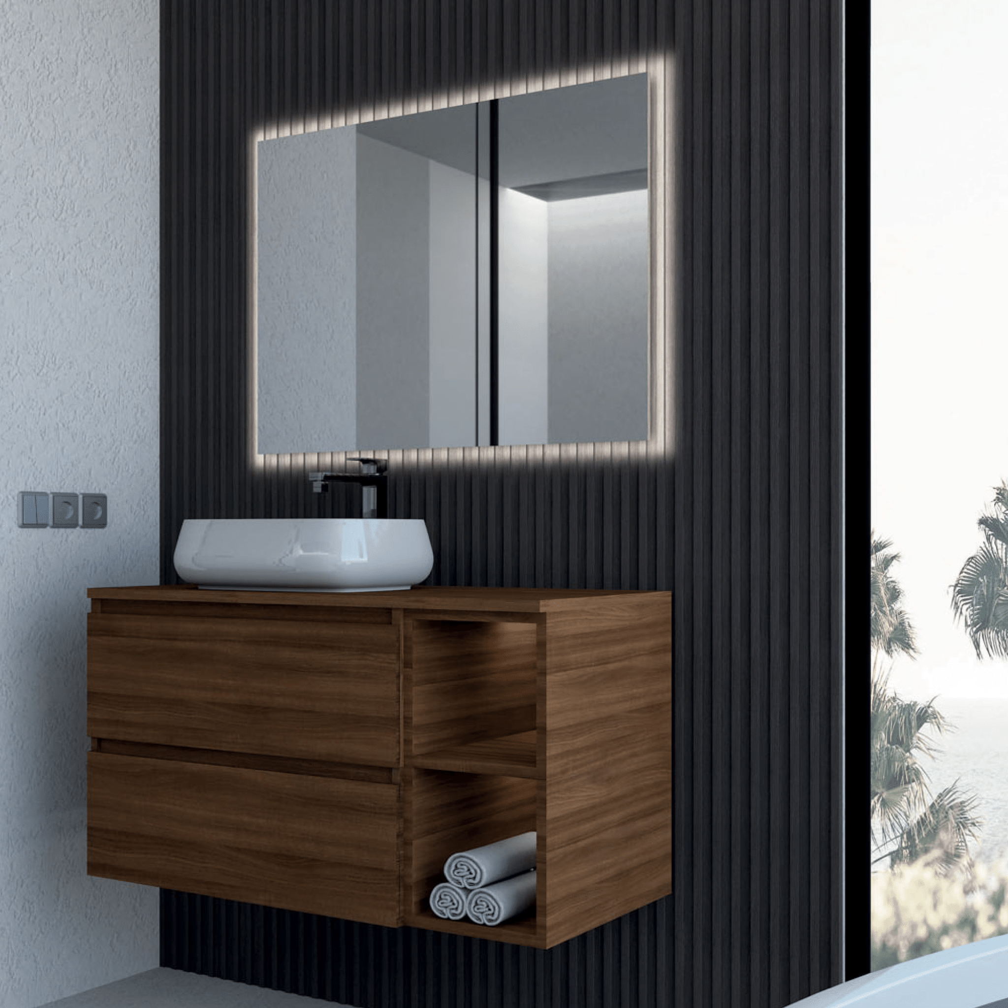 Mobile Bagno Sospeso 90 Cm Due Cassetti Con Vano a Giorno Specchio Filo Lucido Retroilluminato 90x70 Cm Esseci Arredo Bagno "Minerva Piano"