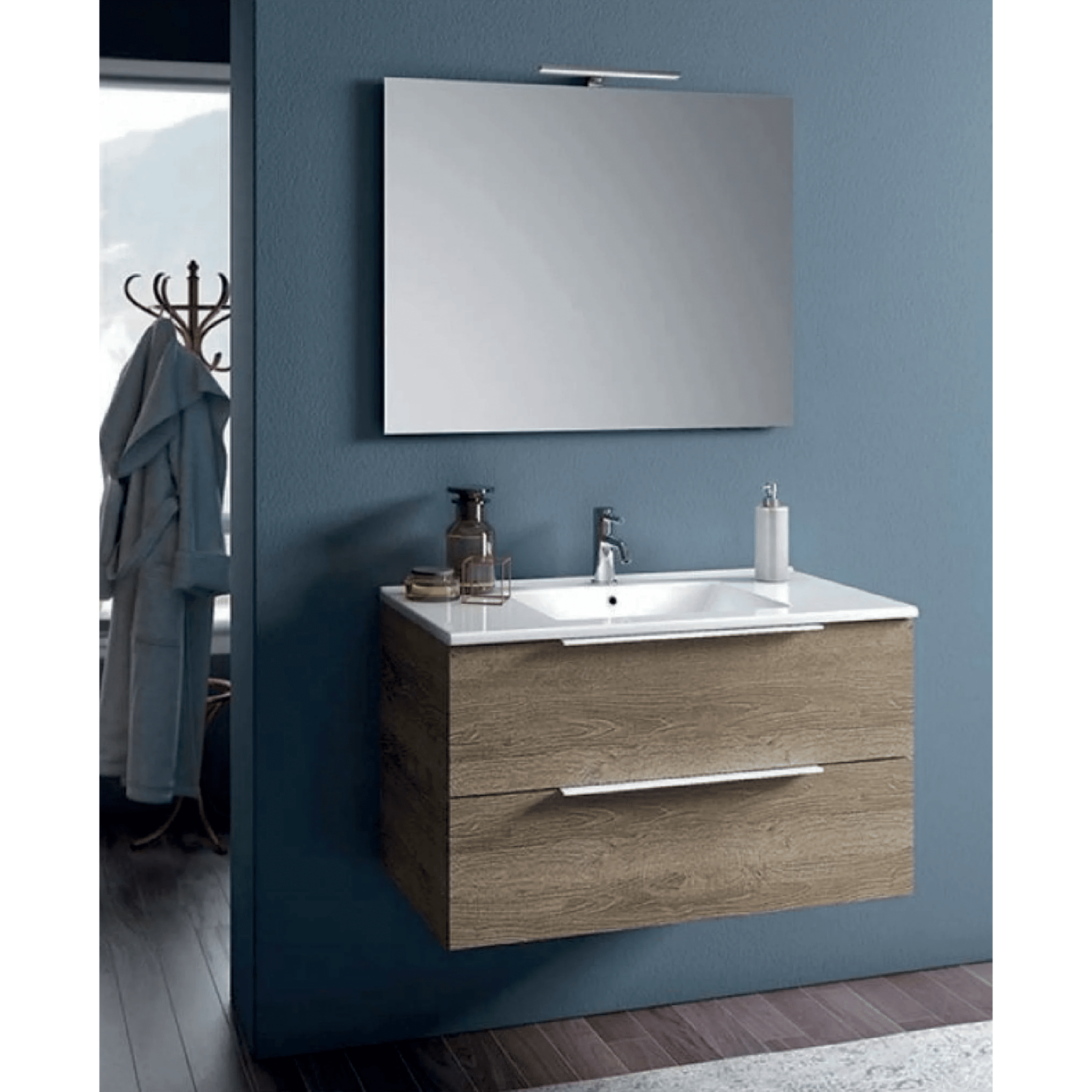 Mobile Bagno Sospeso 90 Cm Due Cassetti Specchio Con Lampada Led 80x60 Cm ItalBagno "Chiara"