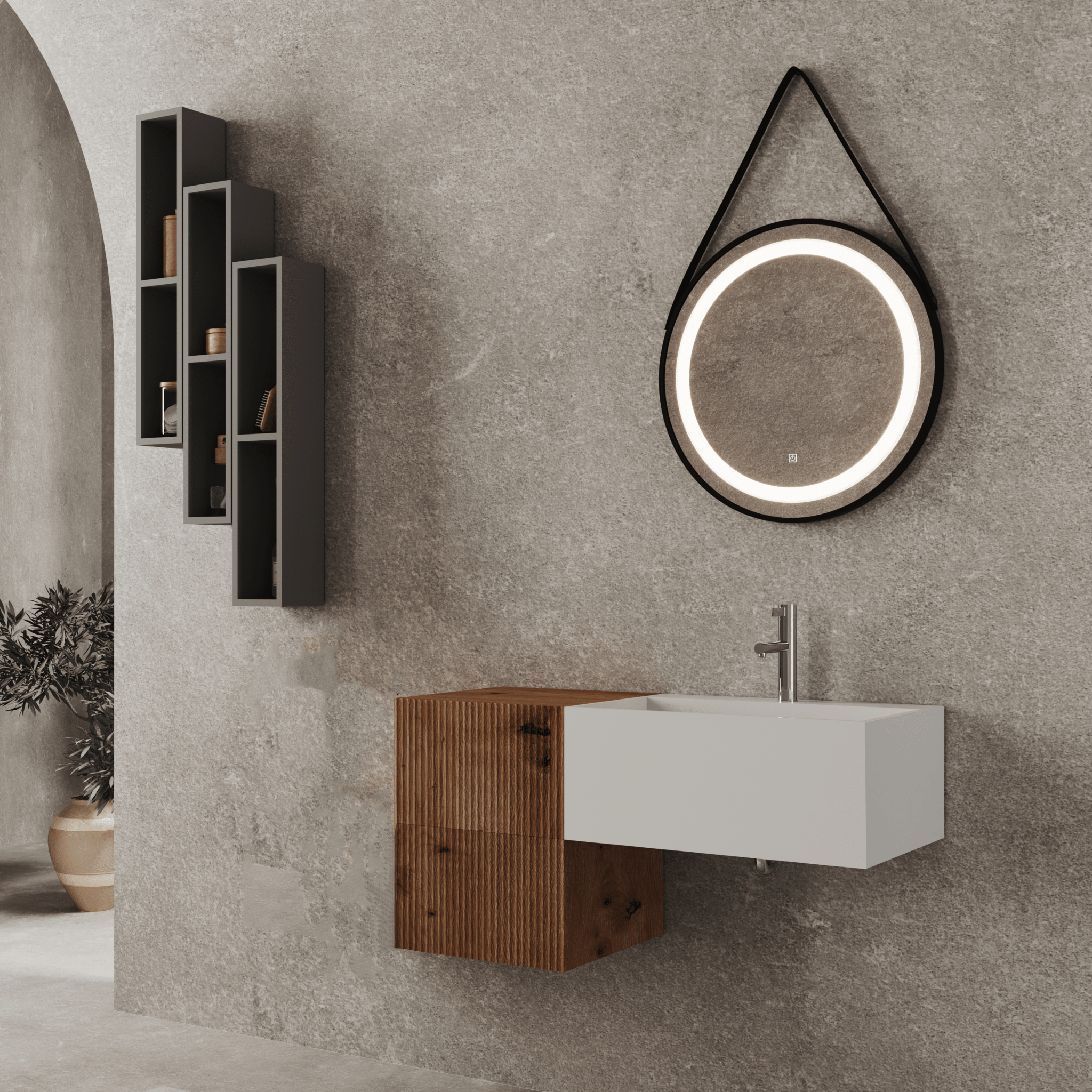 Mobile Bagno Sospeso Cannettato 100 Cm Due Cubotti Specchio Con Cornice e Illuminazione Led Diametro 60 Cm Savini Due "Roma" Rovere Oro