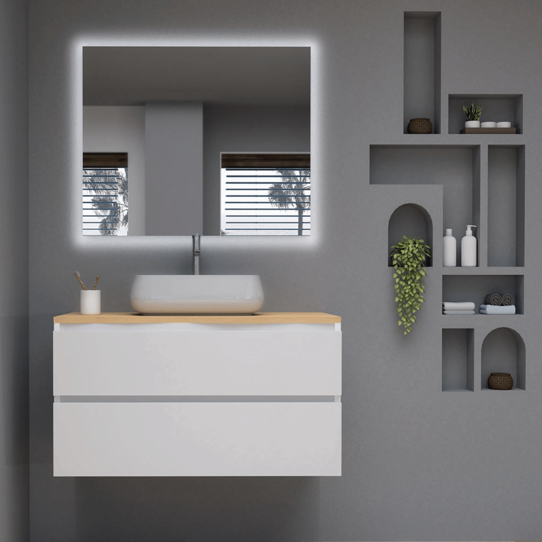 Mobile Bagno Sospeso Due Cassetti Specchio Retroilluminato 90x70 Cm Esseci Arredo Bagno "Vulcano Piano"