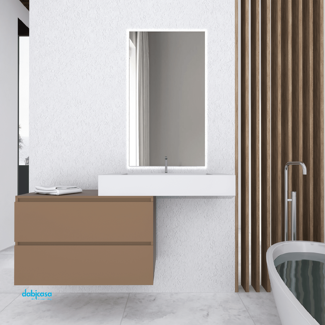 Mobile Bagno Sospeso Sfalsato 80 Cm Due Cassetti Specchio Con Illuminazione Led Esseci Arredo Bagno "Otranto"