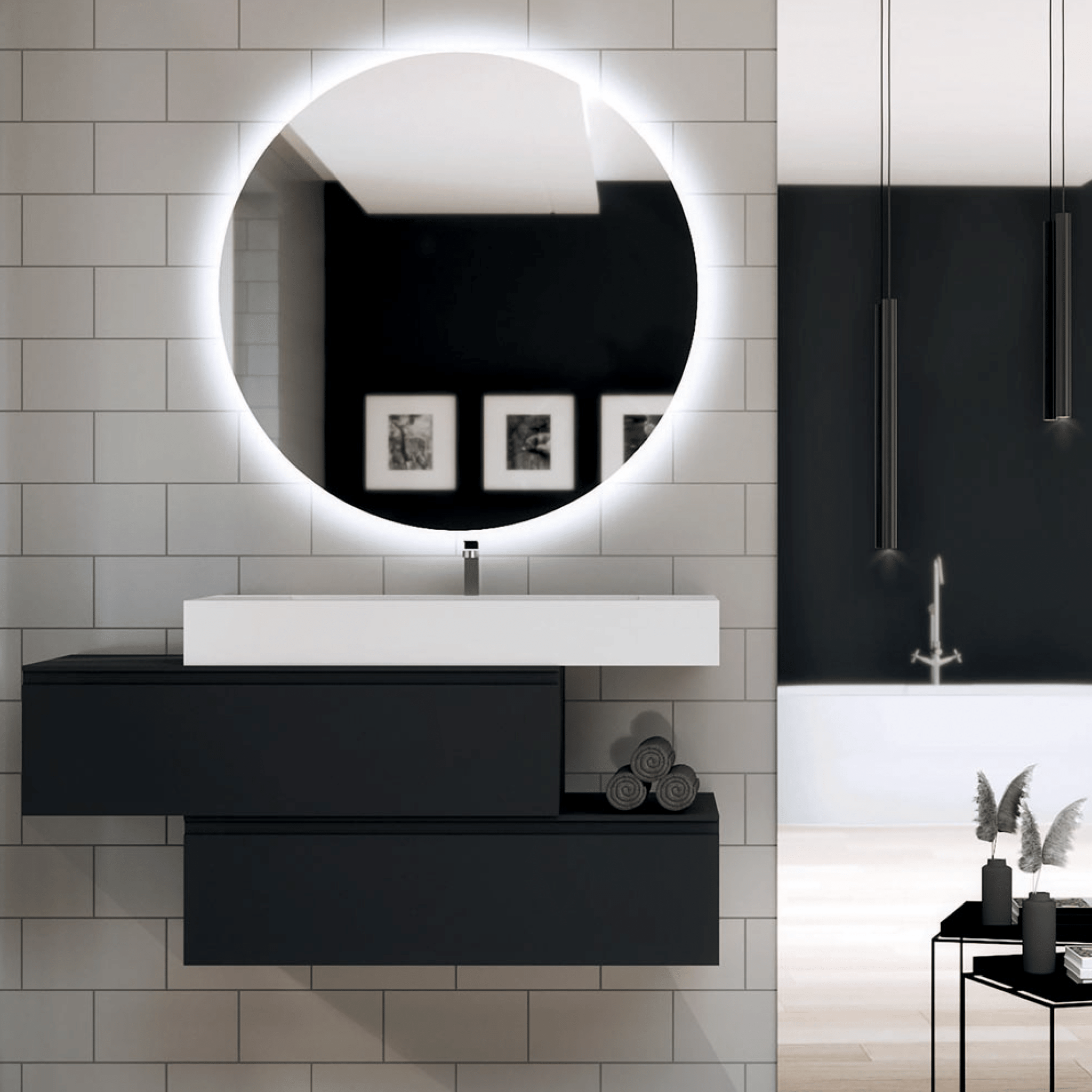 Mobile Bagno Sospeso Sfalsato 100 Cm Due Cassetti Specchio Retroilluminato Diametro 80 Cm Esseci Arredo Bagno "Ponza"