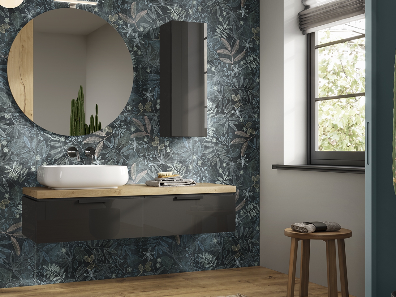 Mobile Bagno TOUCH 140 cm 2 Cassetti Antracite Lucido e Top in Rovere Nodi-9011405