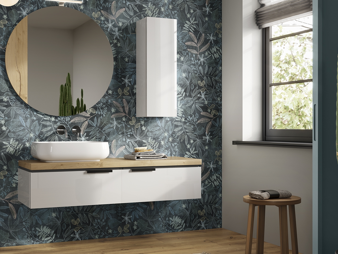 Mobile Bagno TOUCH 140 cm 2 Cassetti Bianco Lucido e Top in Rovere Nodi-9011409