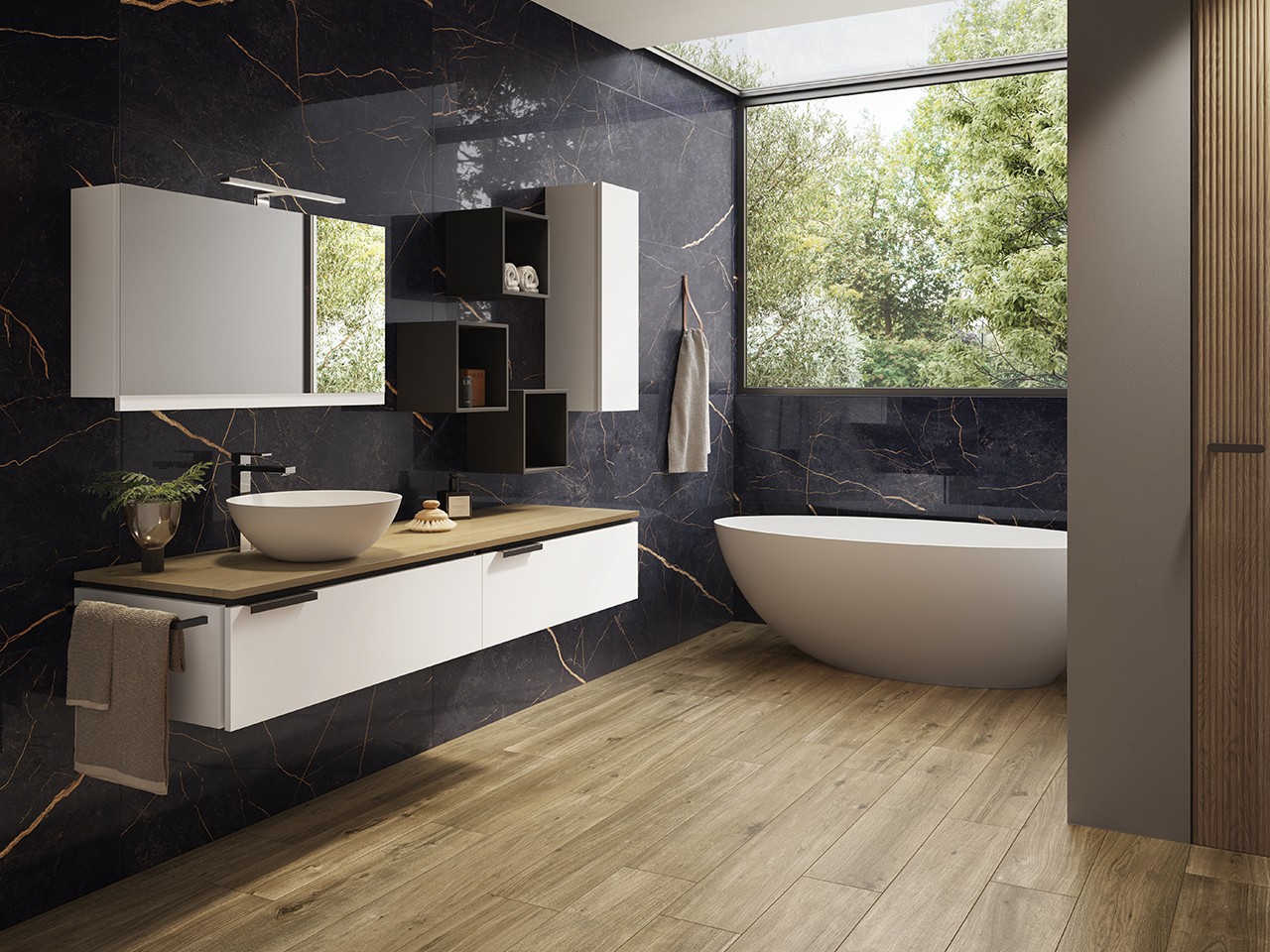 Mobile Bagno TOUCH 140 cm 2 Cassetti Bianco Opaco e Top 1,8 cm in Rovere Nodi-9012006