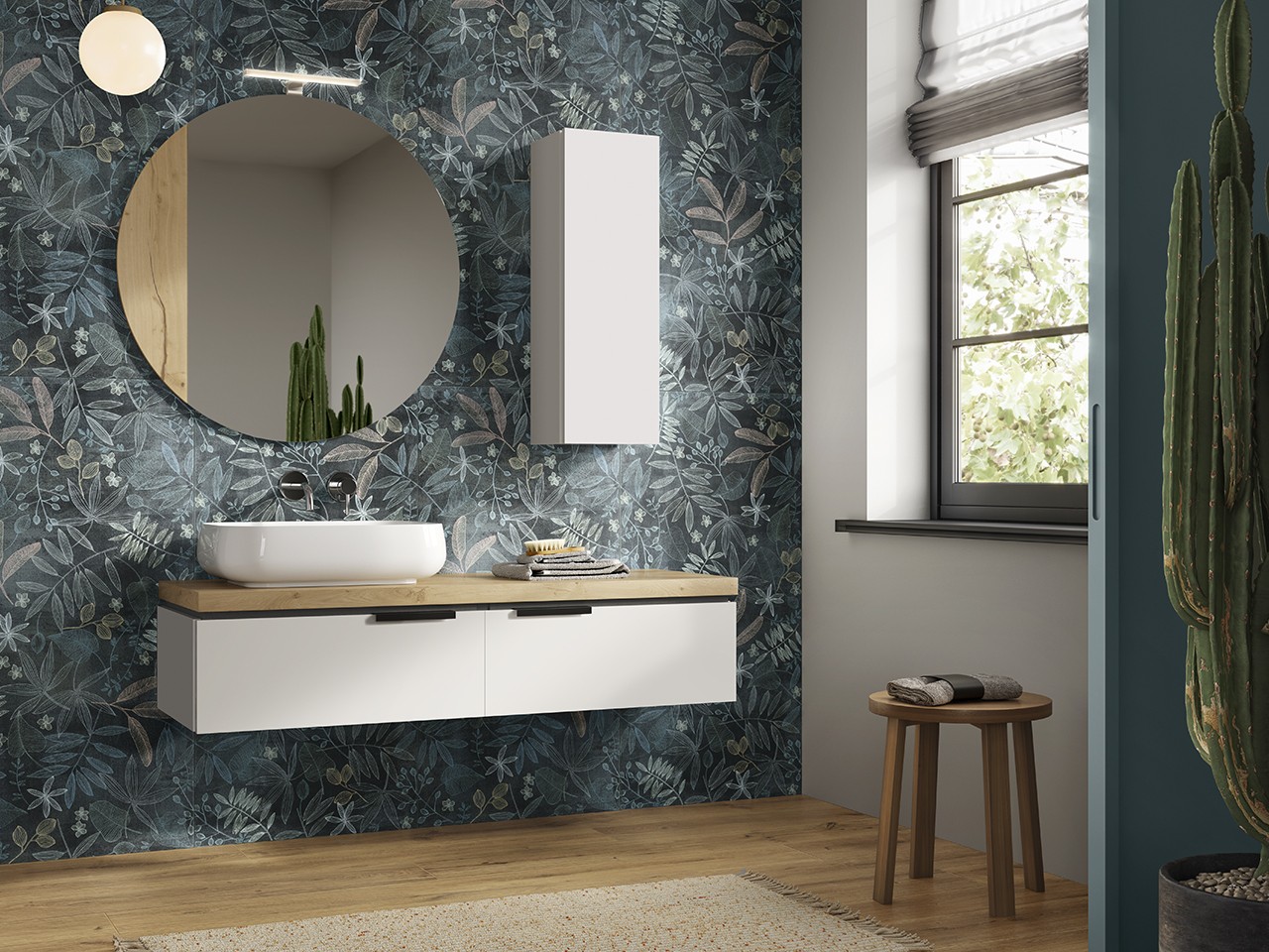 Mobile Bagno TOUCH 140 cm 2 Cassetti Bianco Opaco e Top 4,5 cm in Rovere Nodi-9012007