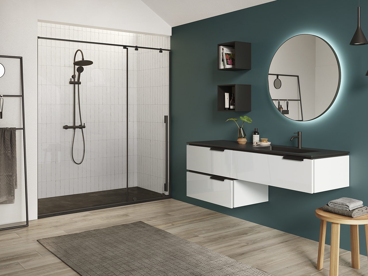 Mobile Bagno TOUCH 160 cm con 3 Cassetti Bianco Lucido e Lavabo Unitop HIDE Destro in Resina Effetto Pietra Nero-9011415